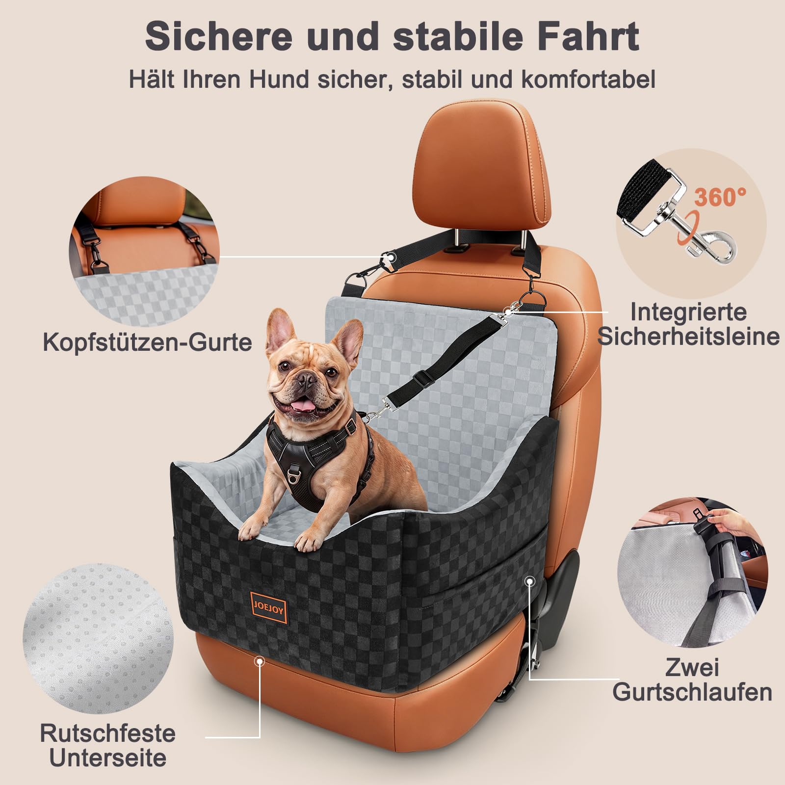 Asiento de coche para perro, extra estable para perros de tamaño pequeño a mediano, acolchado de espuma con memoria de forma, funda lavable, cojín de doble cara, para asiento trasero y asiento