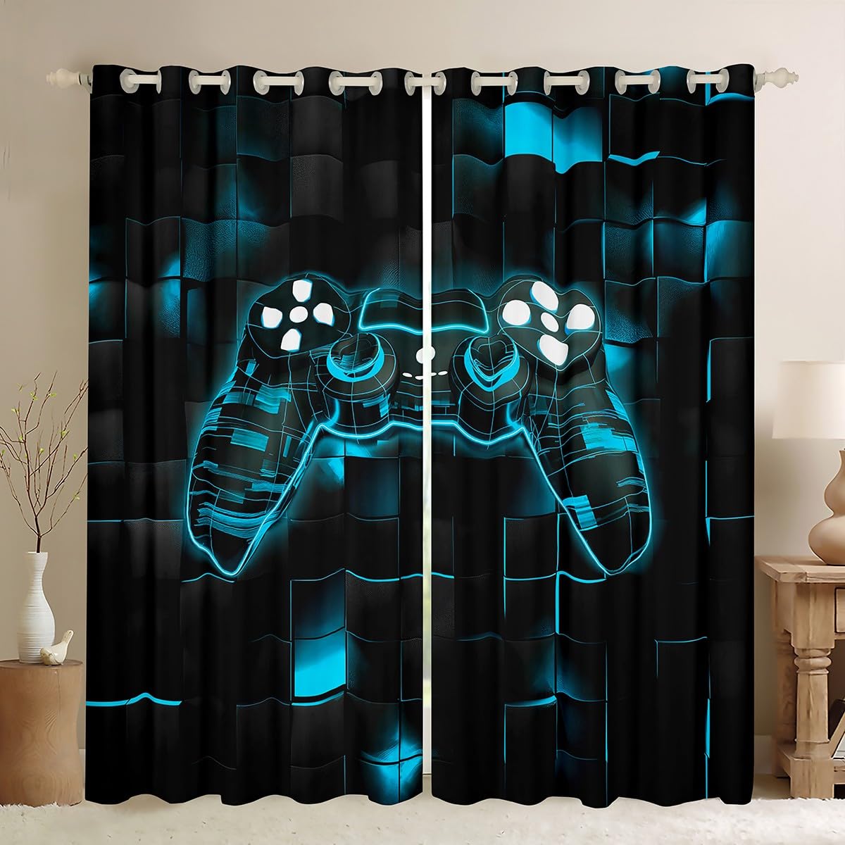 Homewish Gaming Blackout Curtains 52 x 63 Inch 2 Panel Sets for Bedroom - Neon Gamer Window Curtains Video Game Cyan Blue Geometric Square Window Treatments Drapes Kids Bedroom Decor