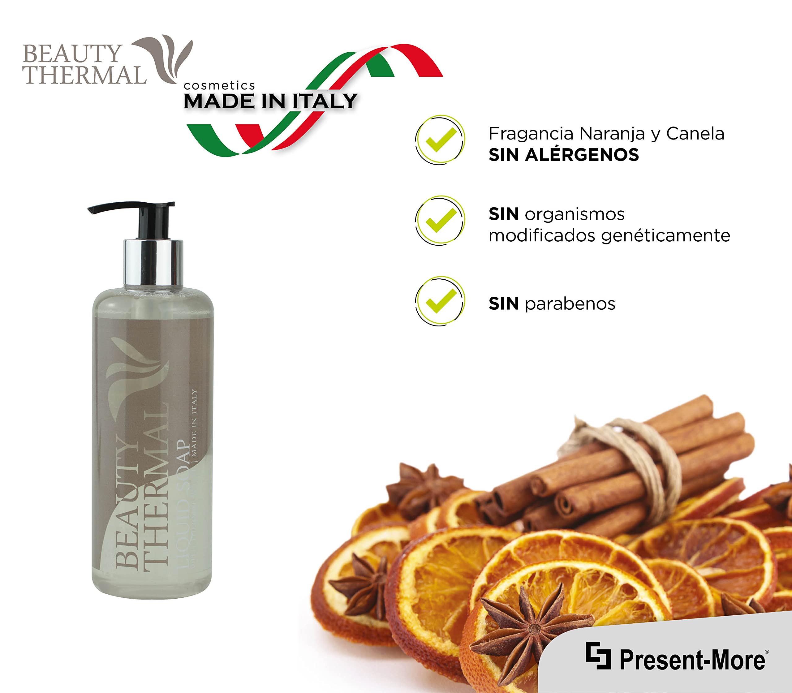 Present-More Jabon manos 300ml Beauty Thermal - Jabon líquido 15 unidades para Hoteles y B&B | Jabon líquido sin alérgenos con fragancia Arancia y Canela