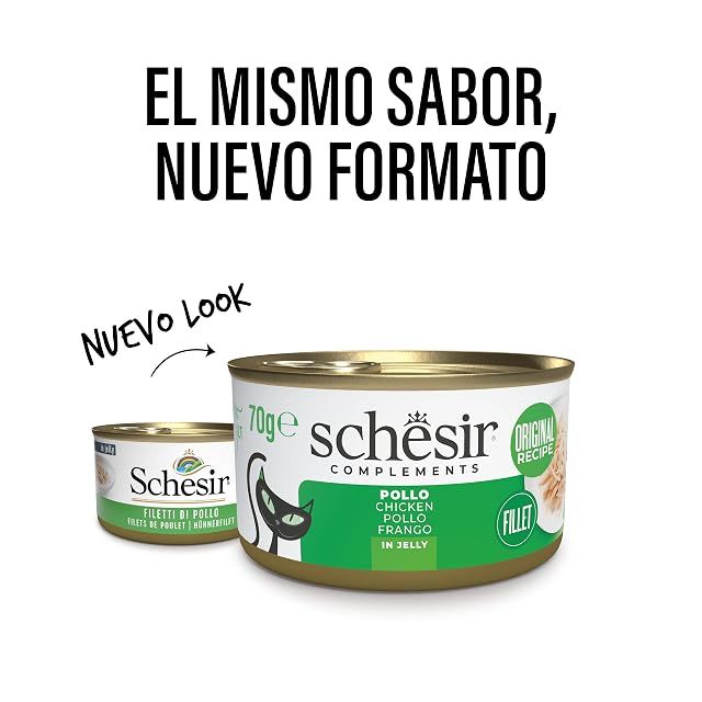 Foto 2 de 8 de Schesir, Filetes de Pollo en Gelatina, Comida Húmeda Complementaria para Gatos, en Latas, Receta Original