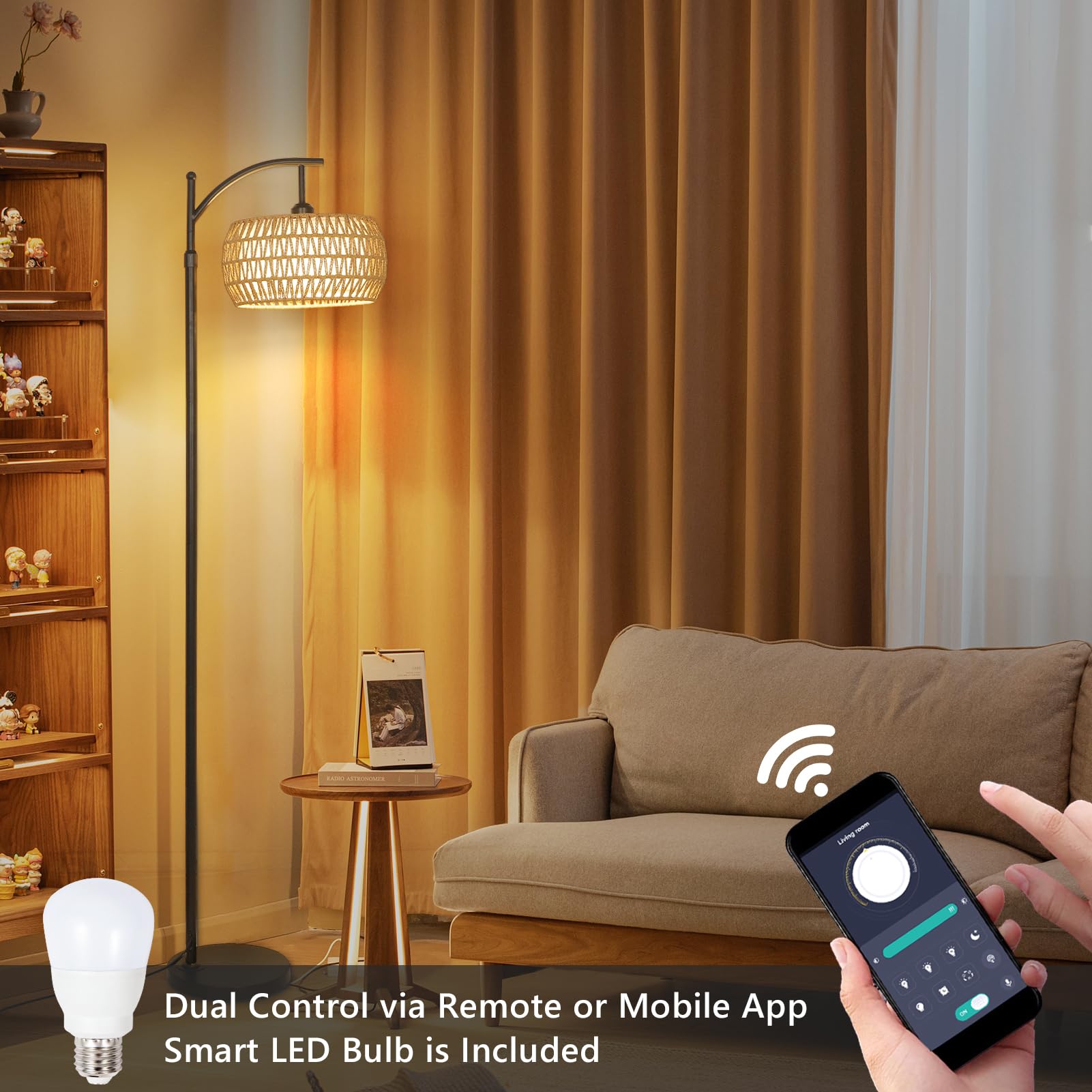 Rayofly Dimmbare Stehlampe Wohnzimmer, Rattan Stehlampe mit Fernbedienung, App-Steuerung, Boho Stehleuchte mit Rattan & Leinen Lampenschirm, Vintage Standleuchte für Schlafzimmer