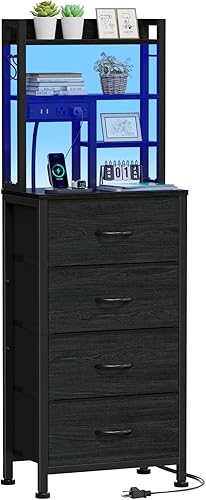 Furnulem Tall Nightstand, LED Night Stand with Charging Station and USB Ports, 4 Fabric Drawers and 4 Tier Storage Shelf, Nightstands Bedside Tables