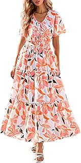 Summer Floral Flowy Maxi Dresses for Women 2025 Spring Boho Short Sleeve V Neck Smocked Waist Beach Vacation Dress - Buy now