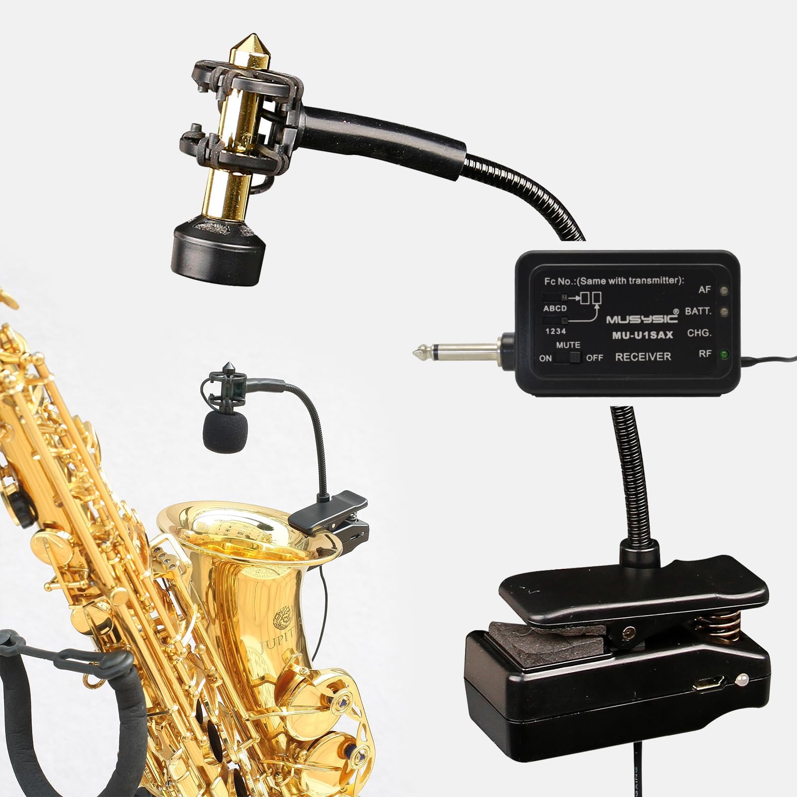 MUSYSIC MU‑U1SAX UHF Wireless Instrument Microphone System – 16 Frequencies, Rechargeable 3.7V, Clip‑On Mic for Saxophone Brass Woodwinds, Vocal/Instrument Modes, Long‑Range Performance