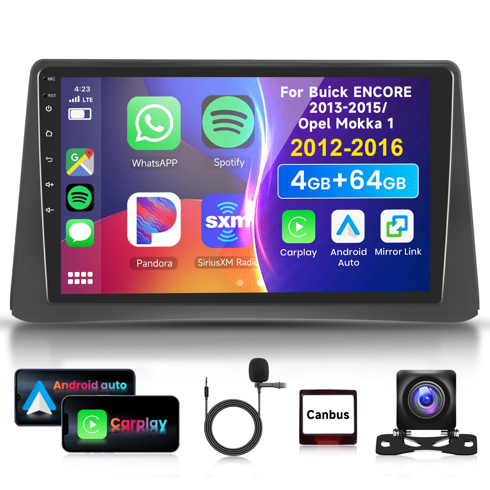 4G 64G VECHTEL 9"Autoradio Bluetooth per Opel Mokka 1 2012-2016/Buick Encore 2013-2015 Carplay Android Auto,DSP EQ,1280 * 720,Wifi GPS Navi,Mirror link,RDS/FM Radio 2 din con Retrocamera AHD