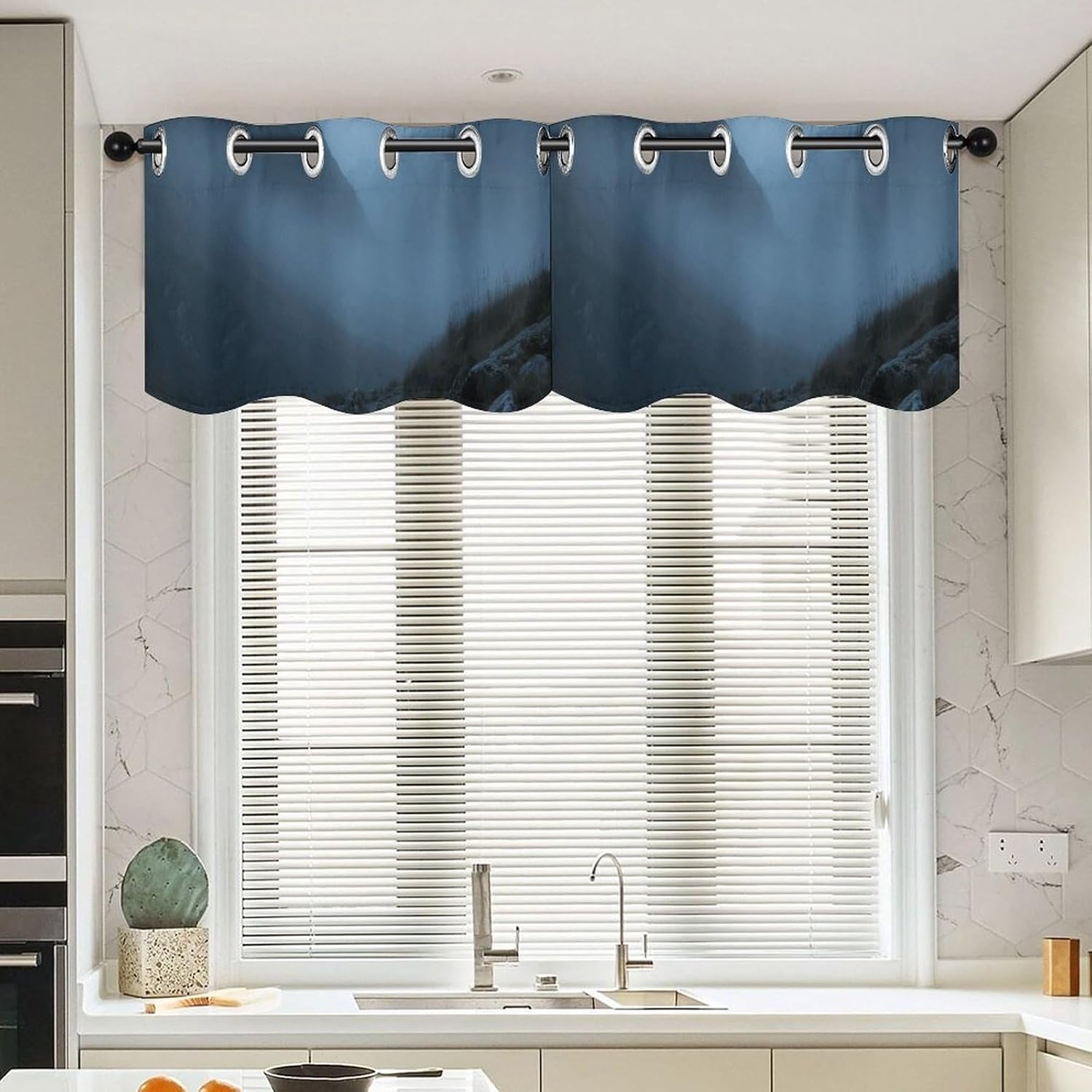Moon Mountain Valance for Windows, 2 Pack Kitchen Curtains Modern Home Decor, Soft Blackout Window Curtains for Living Room & Bedroom, 18 X 52 Inch