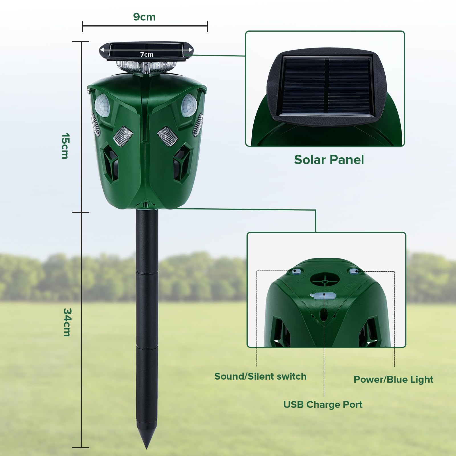 Repelente para Gatos, 360° Ultrasónico Repelente Gatos IP44 Impermeable Ahuyentador Exterior para Animales Carga Solar y USB para Gatos Perros Ciervos Mapaches Conejos Ratones