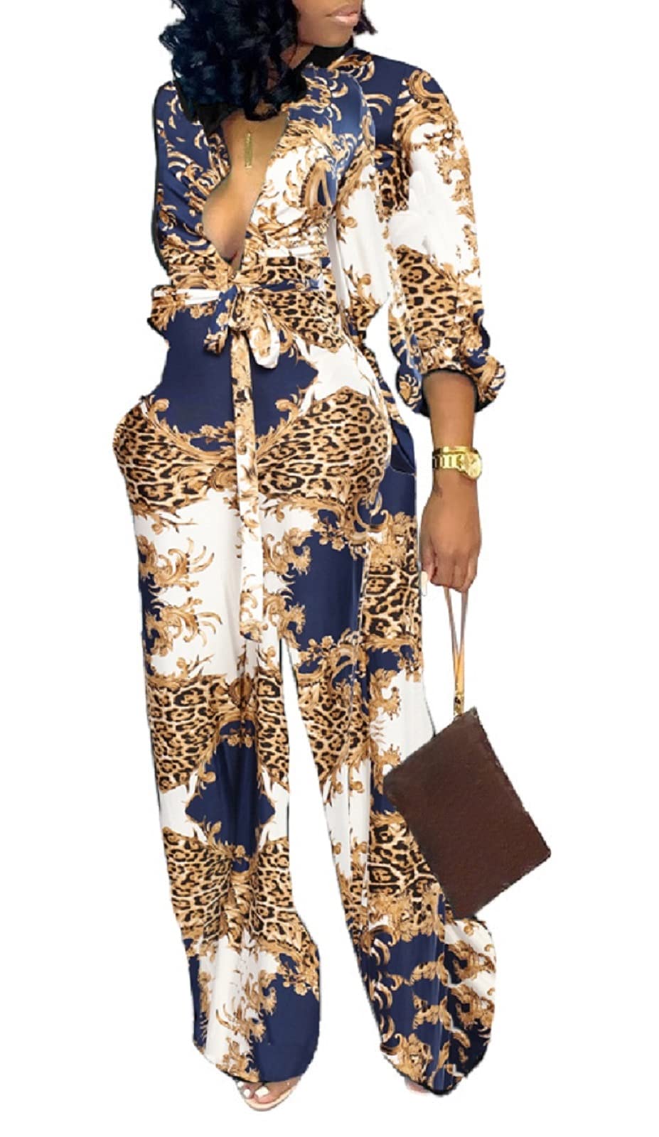 SxClub Jumpsuits for Women Formal Sexy Elegant Long Straight Pants Busineess Party Jumpsuit with Belt Pockets