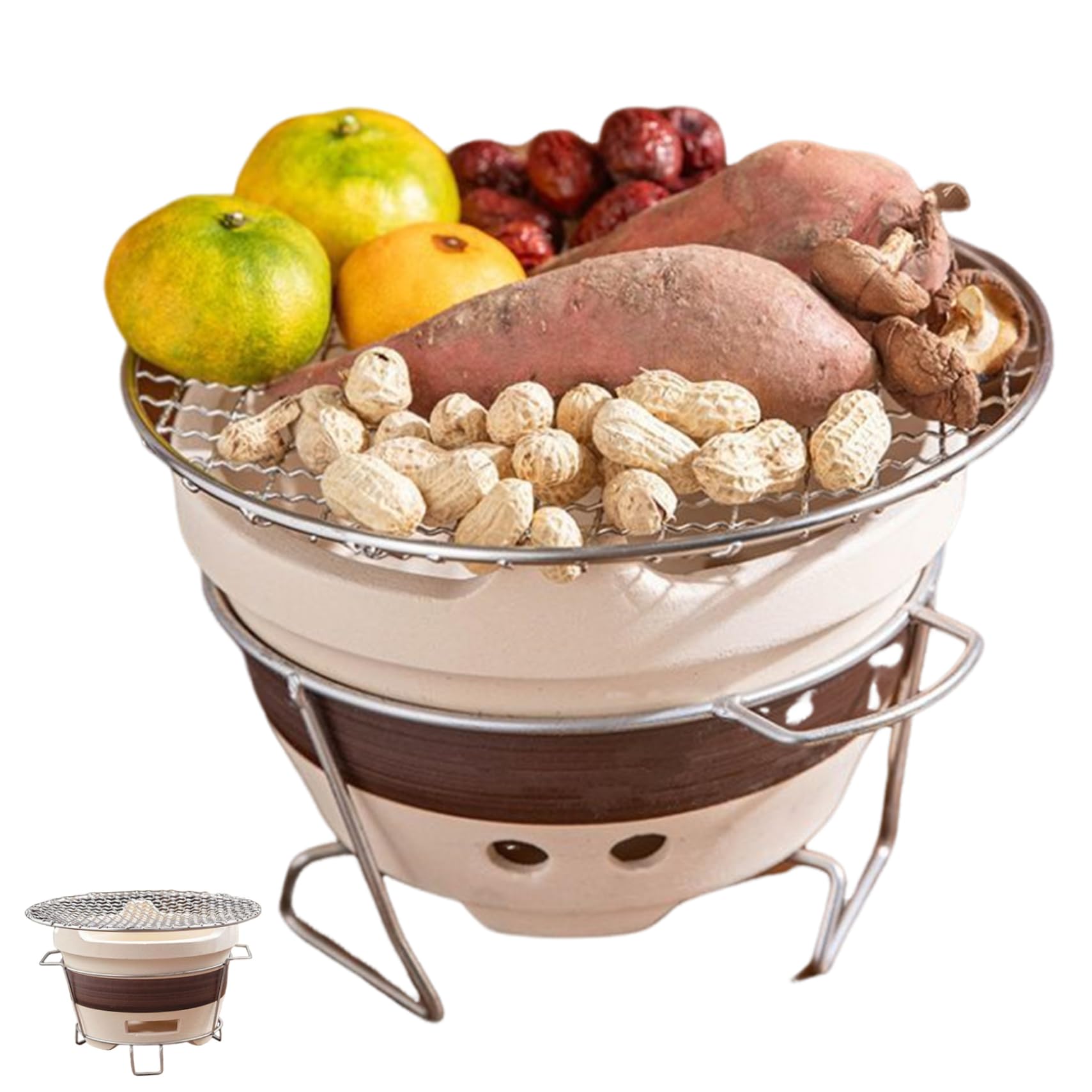 Clay Ofen kleiner Campingofen tragbarer Holzkohlegrill belüftet runde Holzkohlegrill Tee Herstellung mit Eisen Rack & Grill Netto -Holzkohleofen für Home Party Camping Barbecue, Campingofen