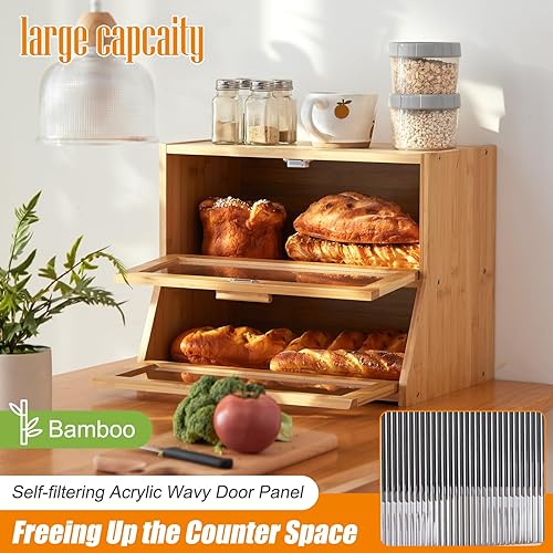 Miniatura 9 de Panera de doble capa, organizador de encimera de bambú de gran capacidad, contenedor de pan con panel de puerta ondulado acrílico, caja de pan de