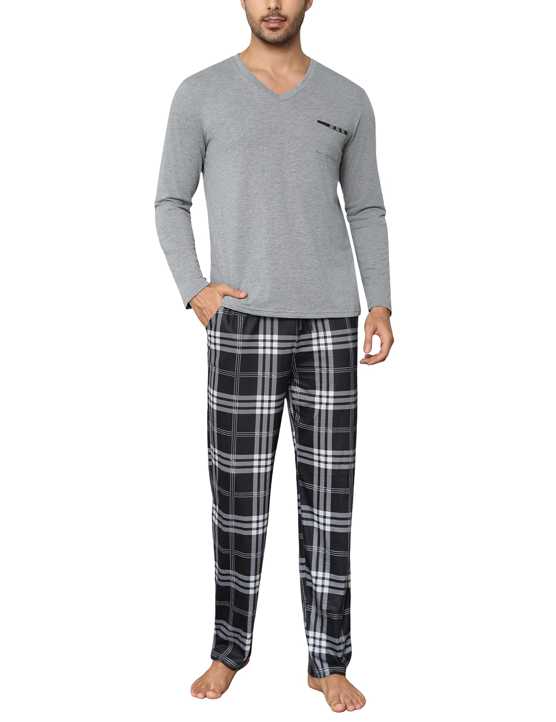 Bresdk Schlafanzug Herren Lang Baumwolle Pyjama Winter V Ausschnitt Hausanzug Langarm