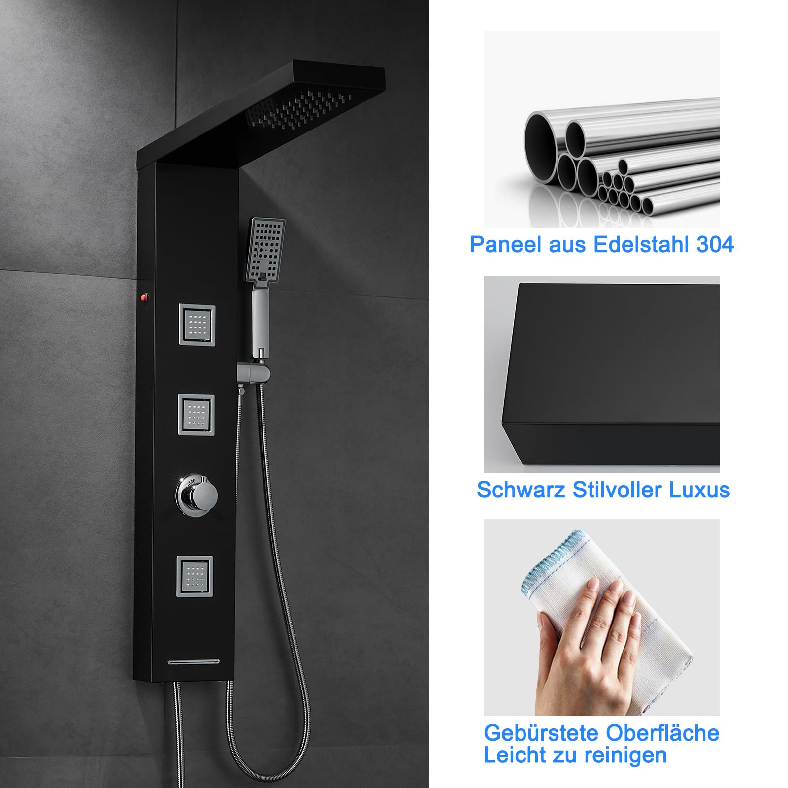 Panel de ducha LED sin grifo, 4 funciones, panel de ducha con ducha de lluvia LED, 3 chorros de masaje, ducha de mano y entrada de bañera, columna de ducha de acero inoxidable 304, color