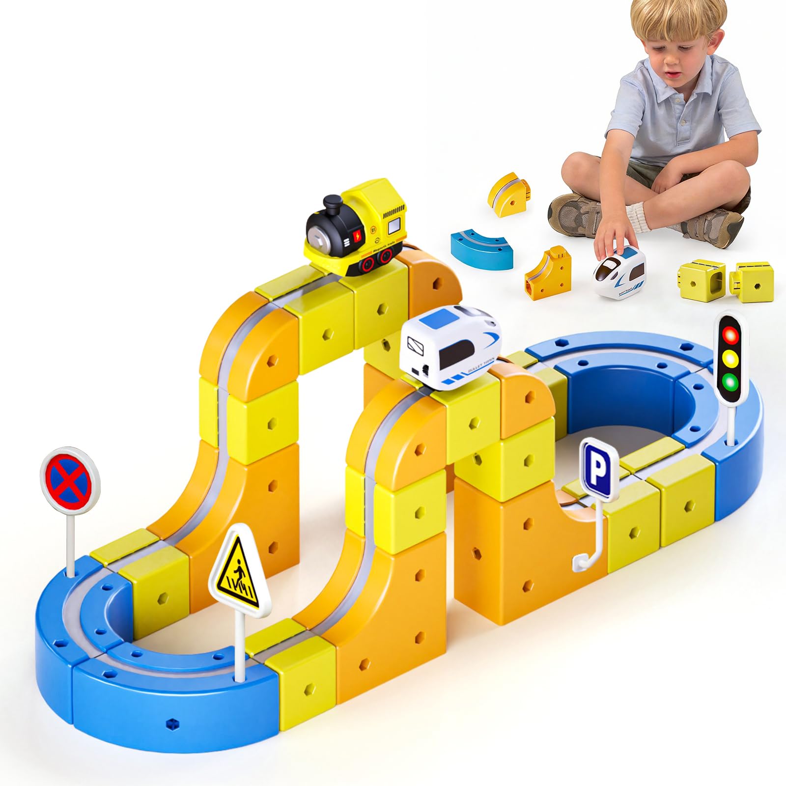 Cube Track, Clickrail Electric Train Set 33 Track with 2 Gravity-Defying Motorized Car, DIY & 3D Embedded Layouts, Magic Rail Cube Train Set for 3+ Year Old Kids(126pcs)