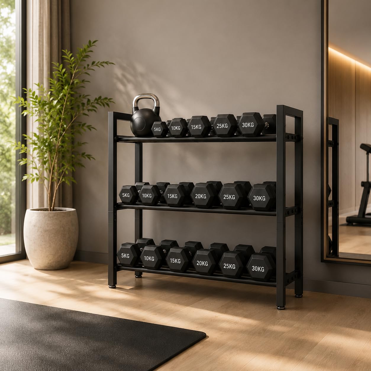 Soporte Mancuernas 3 Niveles, Soporte para Pesas Ajustable de Acero - Mancuernero hasta 180 kg, Organizador Gimnasio en Casa, 80x80x25 cm