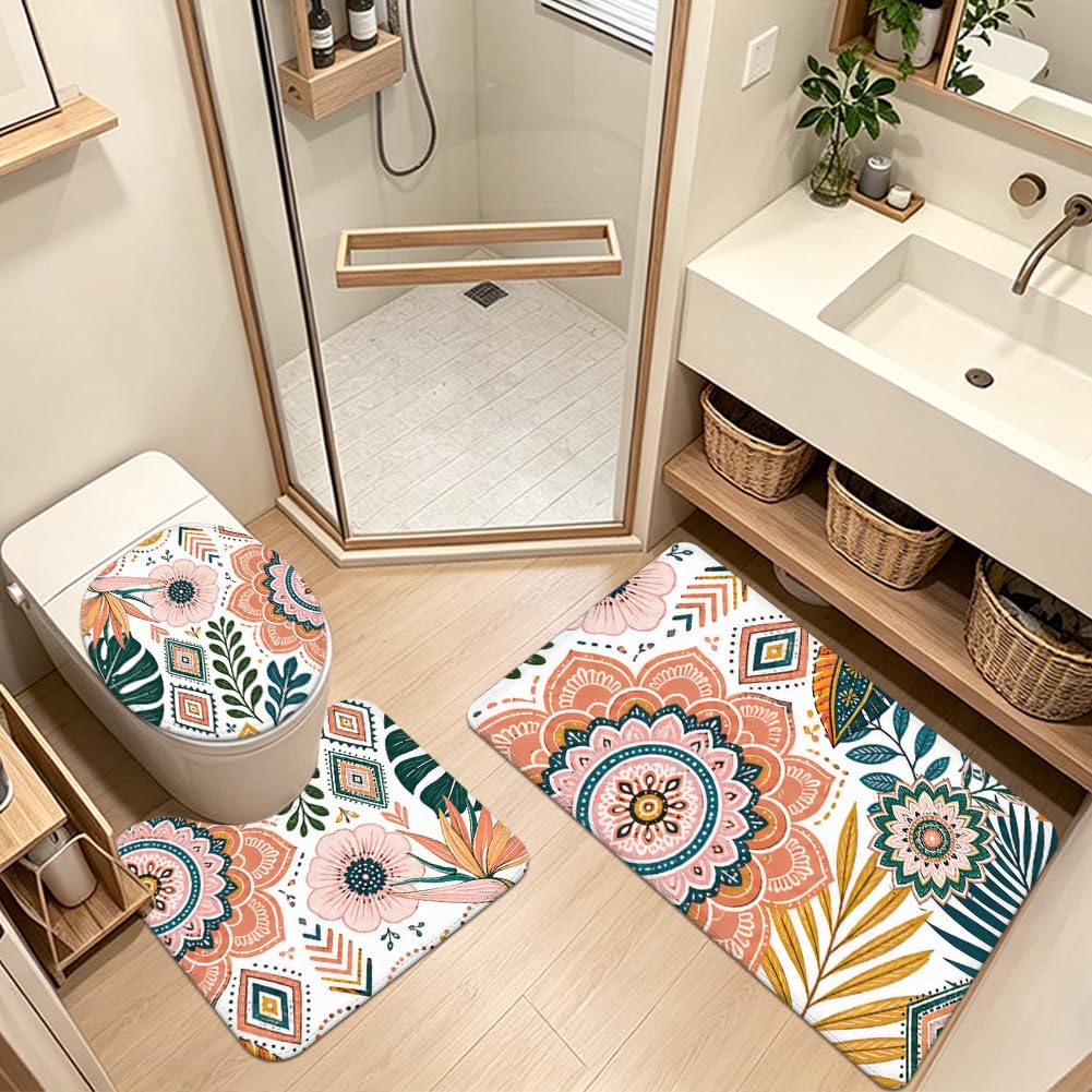 Set di 3 tappeti da bagno floreali bohémien, antiscivolo, decorazione per il bagno, a forma di U, per camera da letto, pavimento, cucina, vasca da bagno, decorazione per la casa
