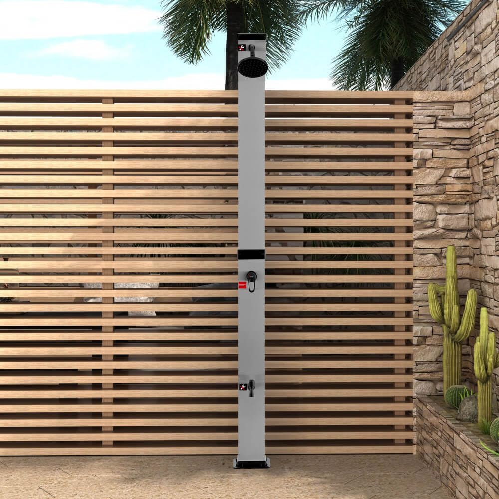 Home Deluxe - Douche Solaire Olymp - Réservoir d'eau de 40 l, Douche de Pied intégrée, PVC, Nickel brossé/Noir, Montage Facile I Douche de Jardin Douche extérieure Douche Solaire Jardin Douche