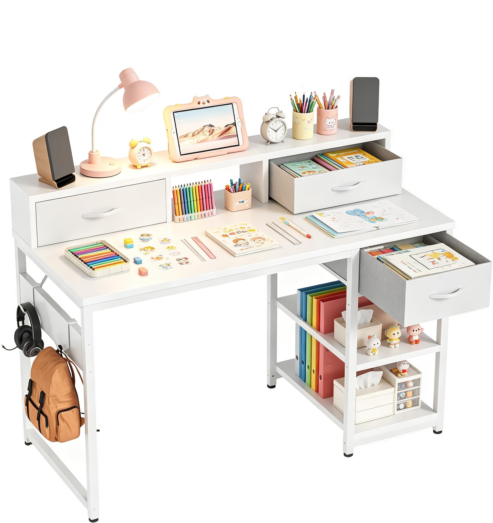 JUMMICO Petit Bureau d'Étudiant avec Tiroirs et Étagère, 120x50cm, Blanc