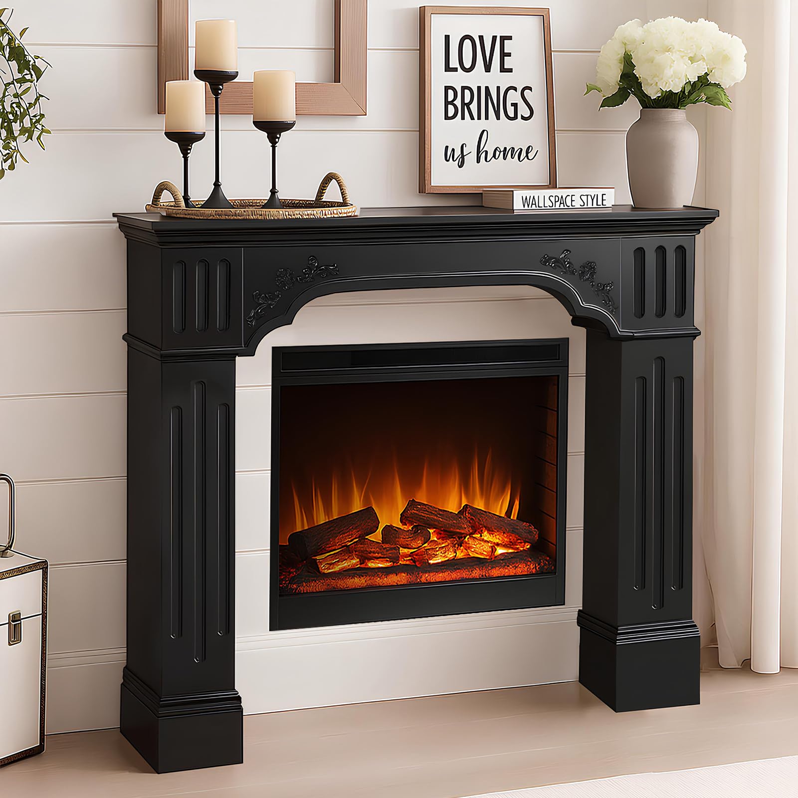 HOMEDIARY 43.3" Fireplace Mantel, Freestanding Fireplace Surround with Leg for Electric Fireplaces, MDF Mantel Surround with Shelf for Living Room with Decorative Pattern, Anti-Tipping &amp; Waterproof