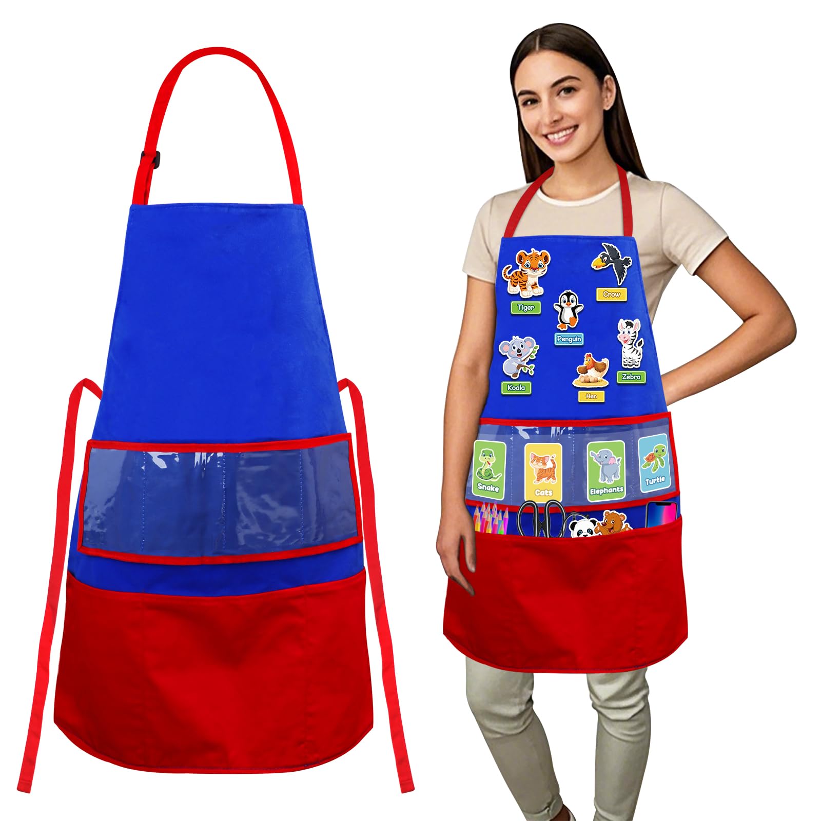 AKAYOK Felt Story Apron for Teacher, Adjustable Bib Apron with 3 Pockets Perfect for Teaching Letters and Sounds, Sight Words or Stories, Teacher Apron for School Classroom Lunchroom Library Home