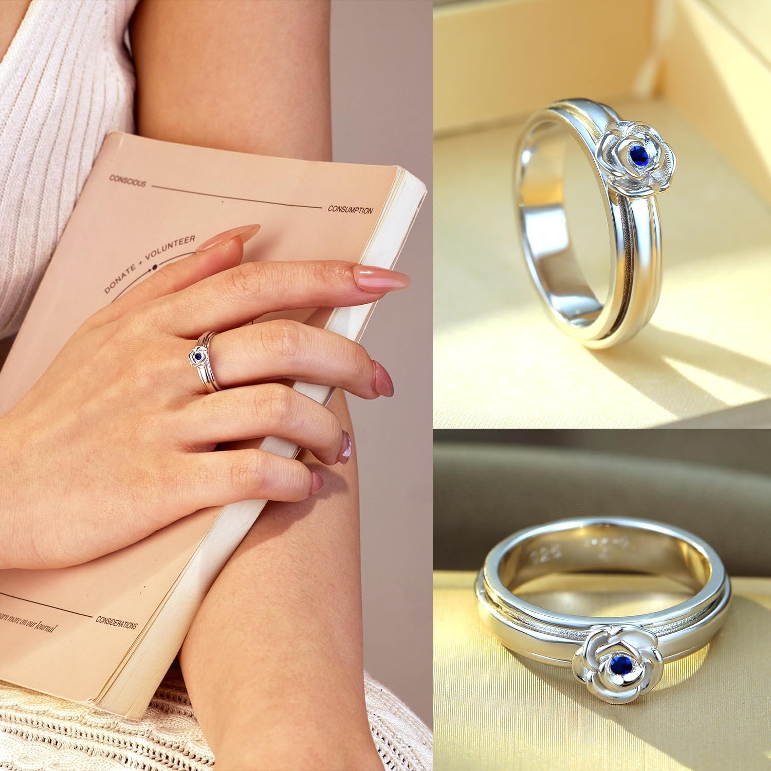 ENERGY STONE 925 Sterling Silver Fidget Ring | ROSE | Sculptured Rose Spinner Top | Austrian Crystal | Stackable Spinner Ring | Timeless Beauty | Anxiety Relief