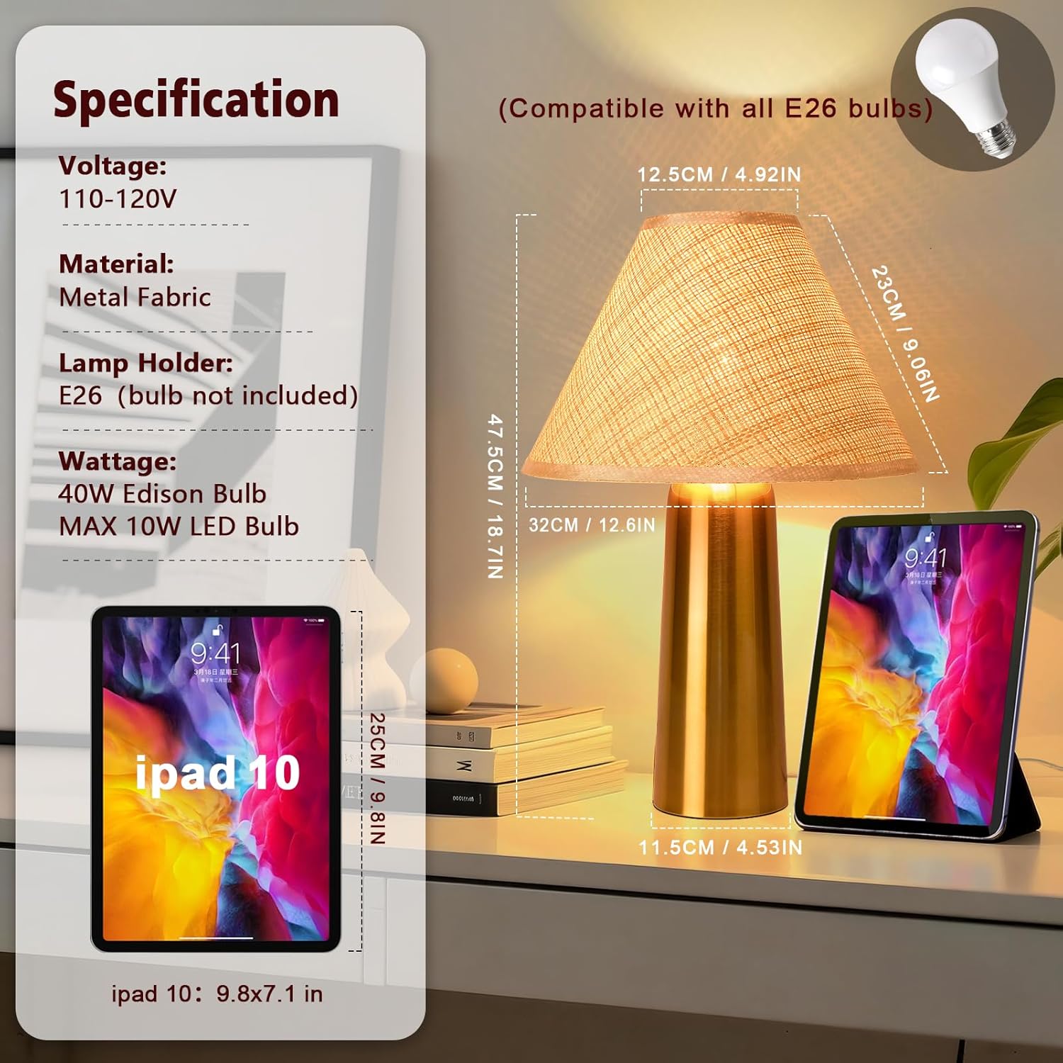 Brass Gold Rattan Table Lamp for Bedroom, Modern Wicker Lamps for Bedside Nightstand, Small Table Rattan Shape Lamps for Small Spaces for Kitchen Counter, Home Office, Living Room, Kids Dorm