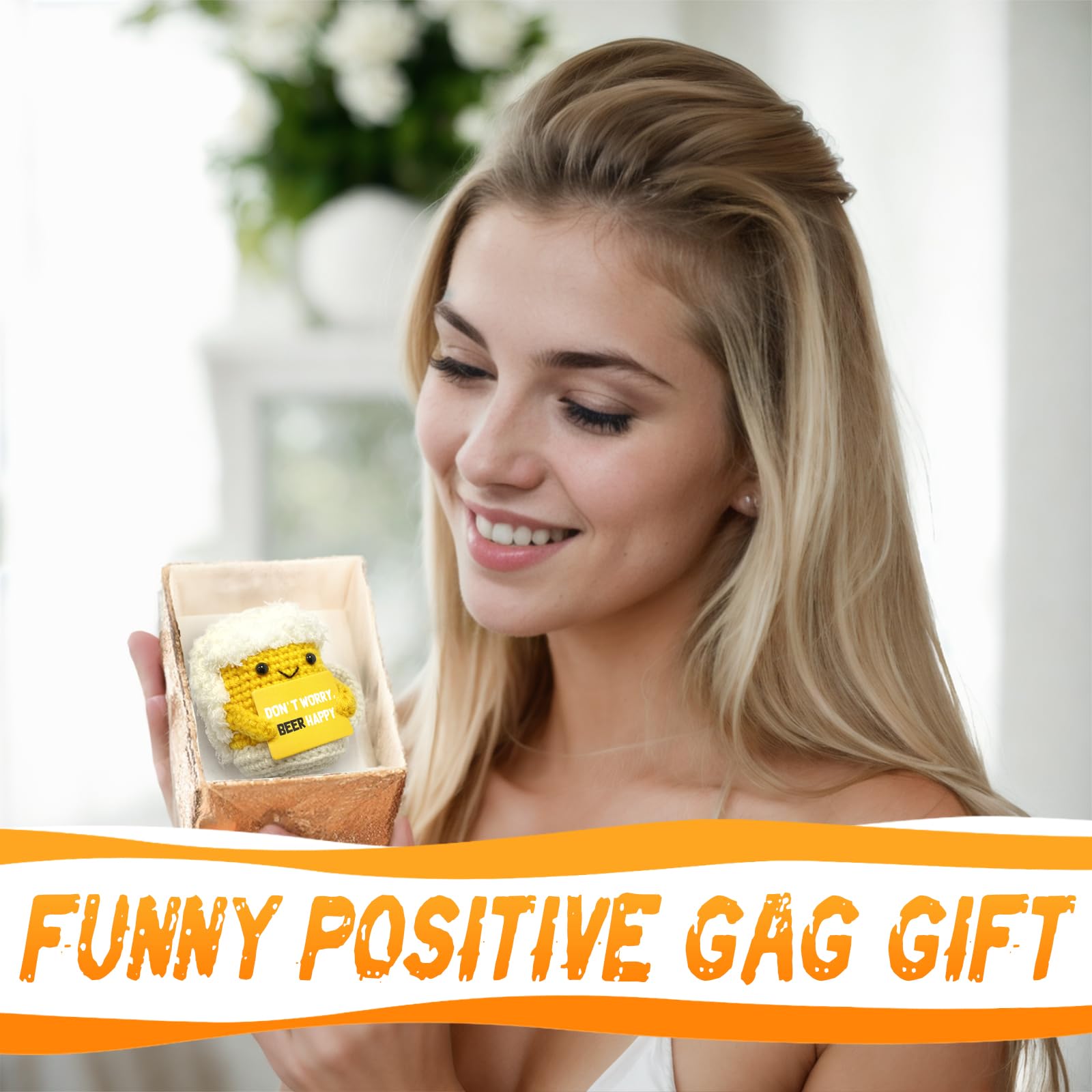A AIFAMY Poupée amusante au crochet émotionnelle, jouet mignon en crochet avec carte positive, cadeau amusant pour meilleure amie, anniversaire, femme, enseignante (bière