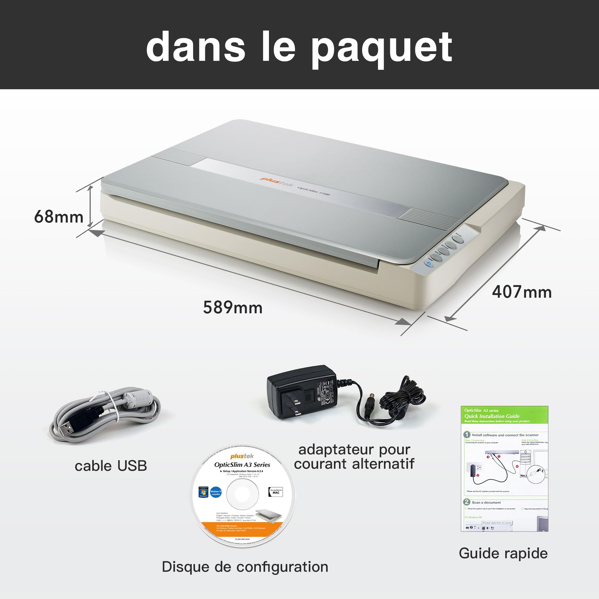 Plustek OS1180 Scanner à Plat pour Graphiques et Documents au Format A3 - Conception adaptée aux bibliothèques, écoles ou Petits Bureaux - Numérisation d’Un Document A3 en 9 Secondes Environ