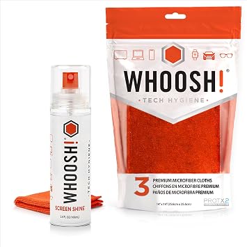 WHOOSH! Screen Cleaner Spray & Microfiber Cloths Bundle | 3.4 fl oz + 1 Microfiber Cloths 6x6 + 3 Microfiber Cloths 14x14