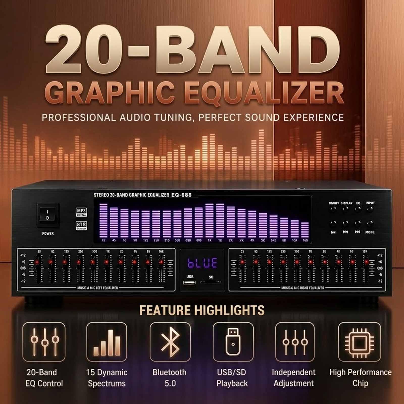 MObyat Ecualizador Digital De 20 Bandas, Ecualizador Gráfico Hi-fi con Control Remoto, Pantalla Led De Espectro, 15 Estilos Dinámicos, para Estudio, Audio Doméstico, Estudio De Grabación.