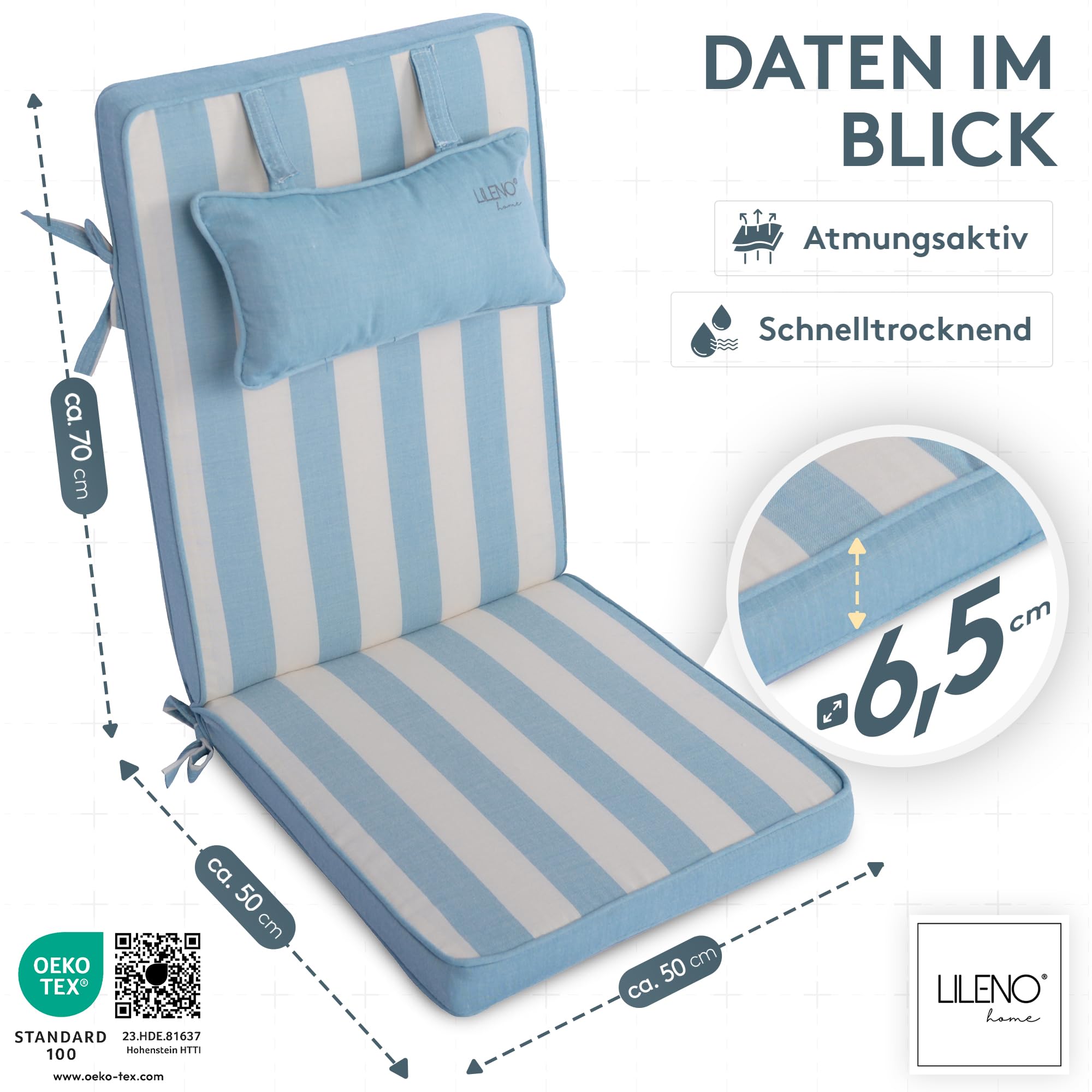 LILENO HOME Gartenstuhl Auflagen mit Kopfkissen [2er Set - Hochlehner] in Blockstreifen Aqua - Sitzauflagen für Gartenmöbel - Stuhlkissen für Gartenstühle und Klappstühle Dub