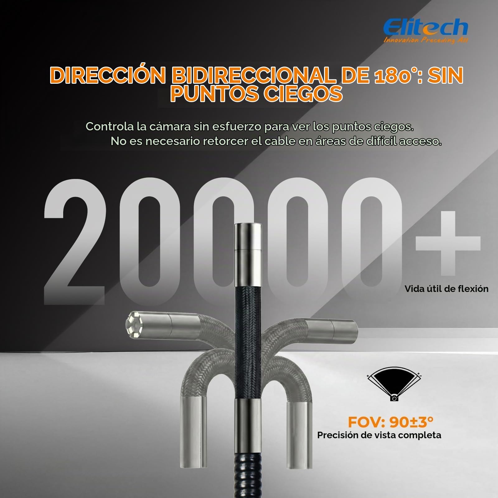 Elitech Cámara de Inspección de Tuberías y Motores Endoscopio Articulado Bidireccional 180° con Pantalla IPS 4.3" y Sonda Ultrafina 6.2mm IP67 Herramienta Profesional ELS-240