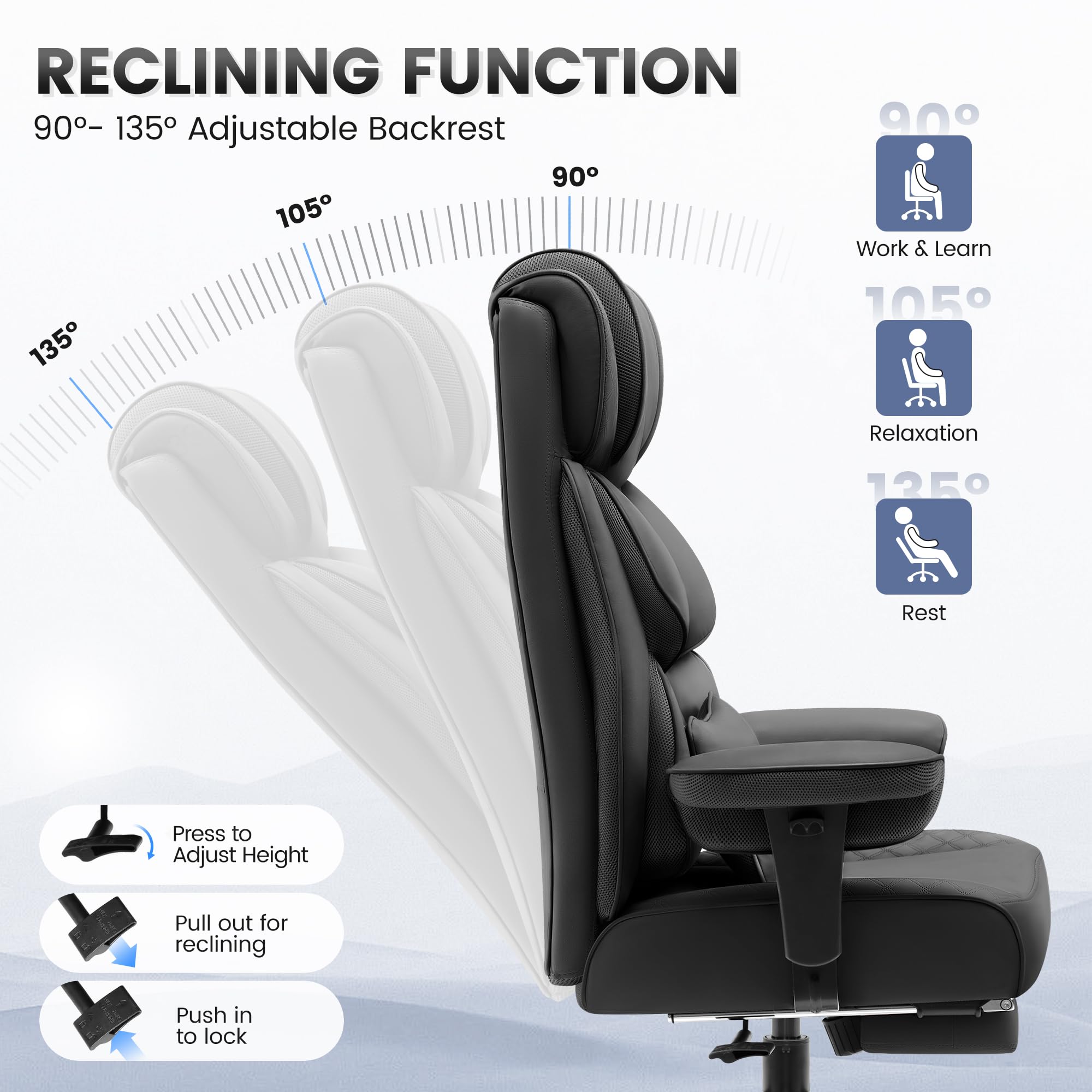 Office Desk Chair, Big and Tall Leather Gaming Chair with Footrest, Wide Ergonomic Comfy Executive High-Back Reclining Computer Chairs, Swivel Rolling Wheels and Padded Lumbar Support, Black