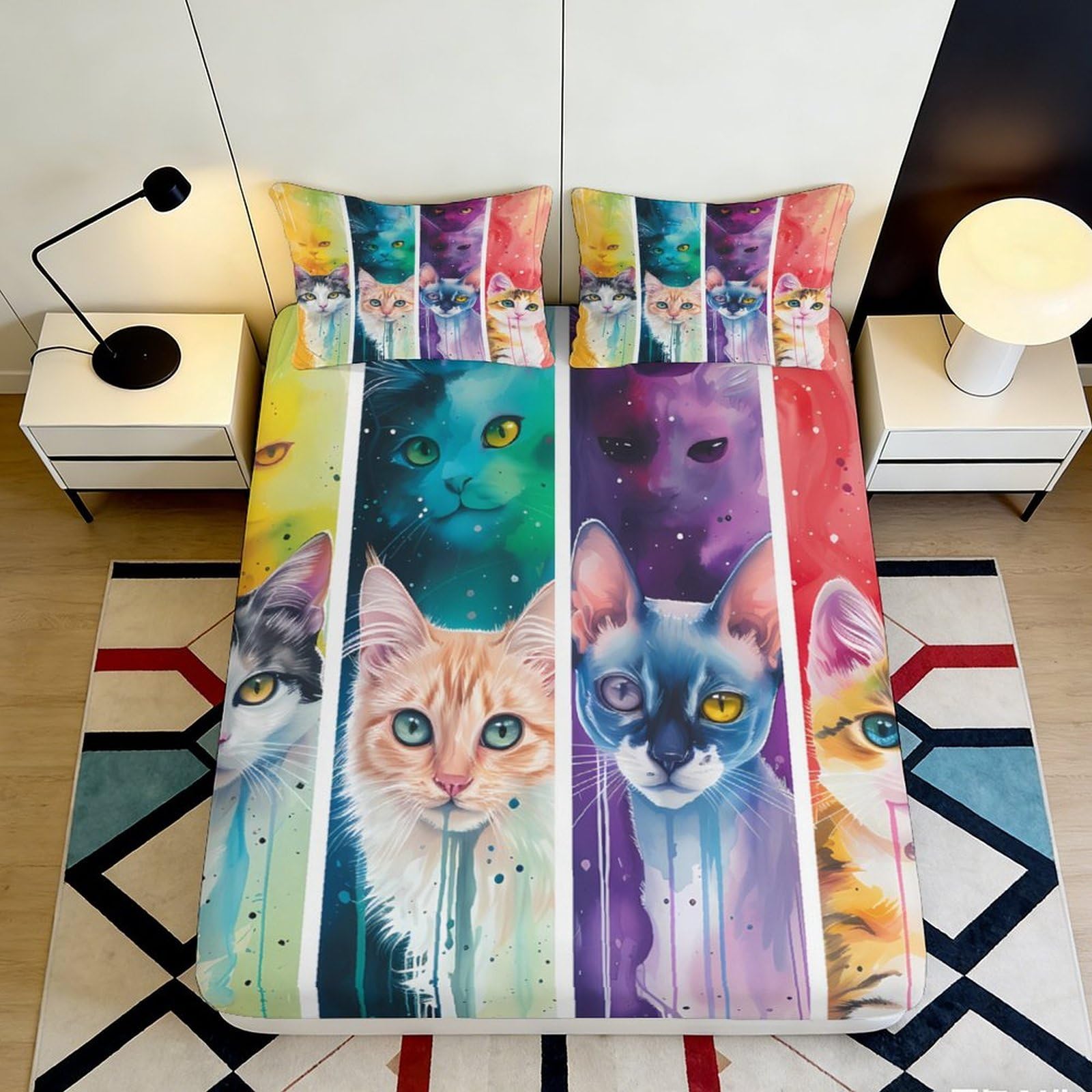 3D Printed Colorful Cat Art Fitted Sheet Microfiber Soft Bedroom Decor Cat Portrait Mattress Cover for Home Dorm 90x200x25cm