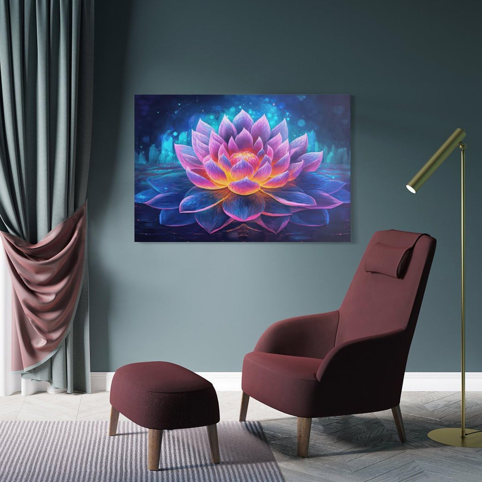 Junmoney Frame-Style-14 Hanging Wall Art Glowing Lotus Flower Art Print, 20X30inch(50X75cm), For Gallery Wall Layouts In Home Or Office, An Easy Match For Collected Prints