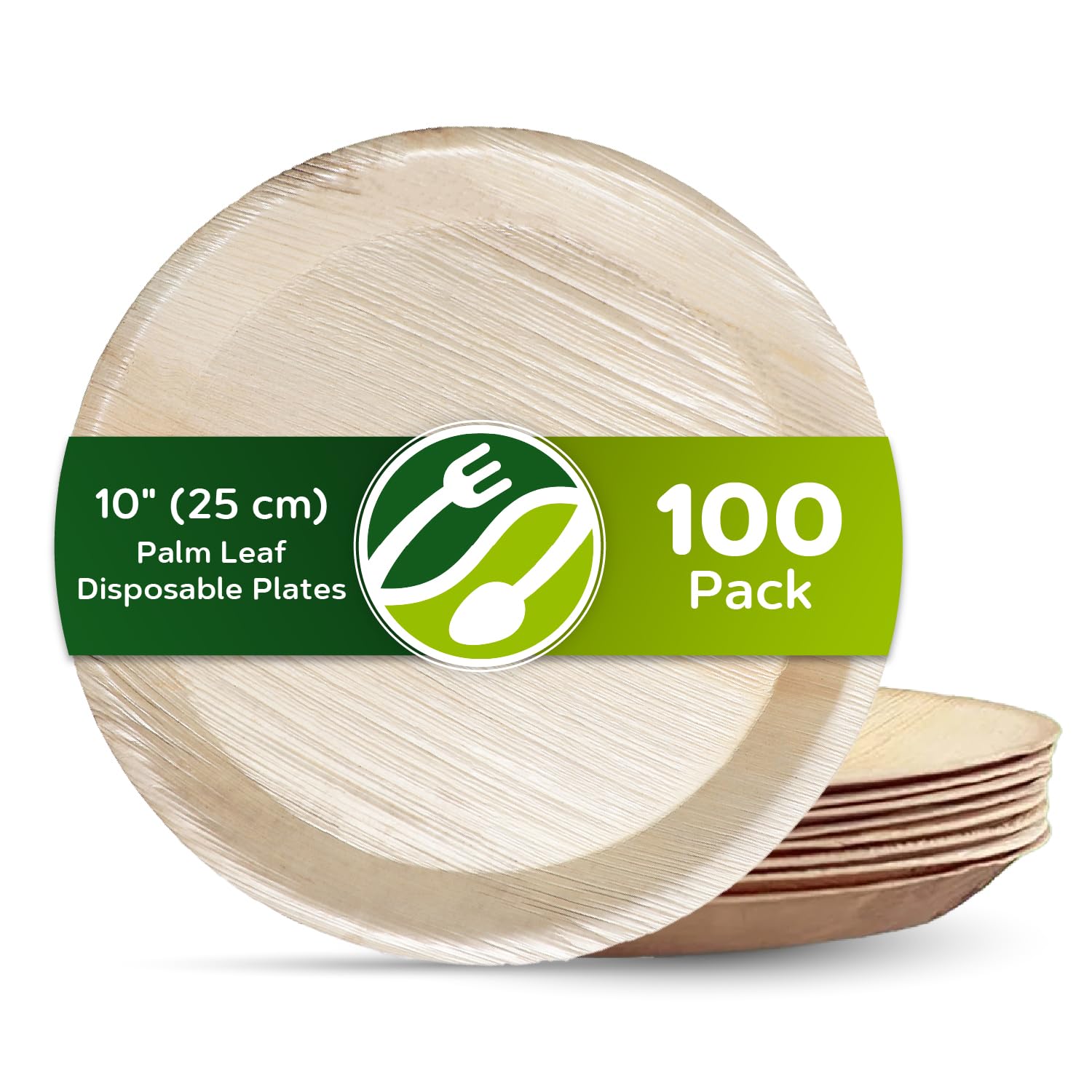 ECO Leaf 100 Disposable 10”(24cm) Palm Leaf Plates – Compostable, Biodegradable, Eco-Friendly, Microwave & Oven Safe, Strong for Hot Food, Large Round Premium Tableware