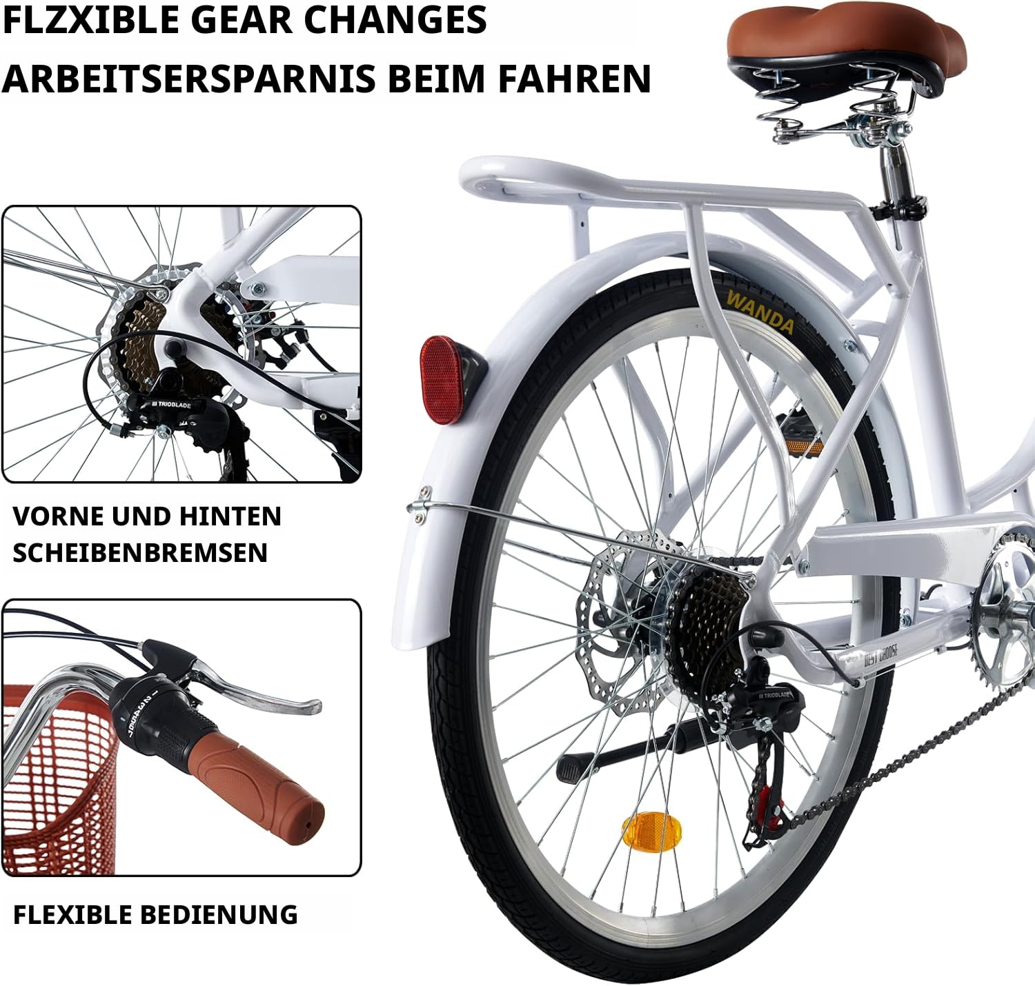 LSLIFE Damen Fahrrad mit Korb 24/26in 7 Geschwindigkeit Stadt Fahrrad Frauen Mädchen Komfort Fahrrad Leichter Rahmen Hybrid ScheibenbremsenLeichtes Pendlerrad Retro Fahrrad Urban Bike
