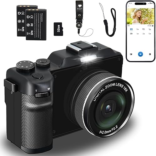 Cámara digital 4K para fotografía de 56 MP con WiFi 2 baterías 32G TF tarjeta, cámara de vlogging 18X zoom digital enfoque automático, cámaras