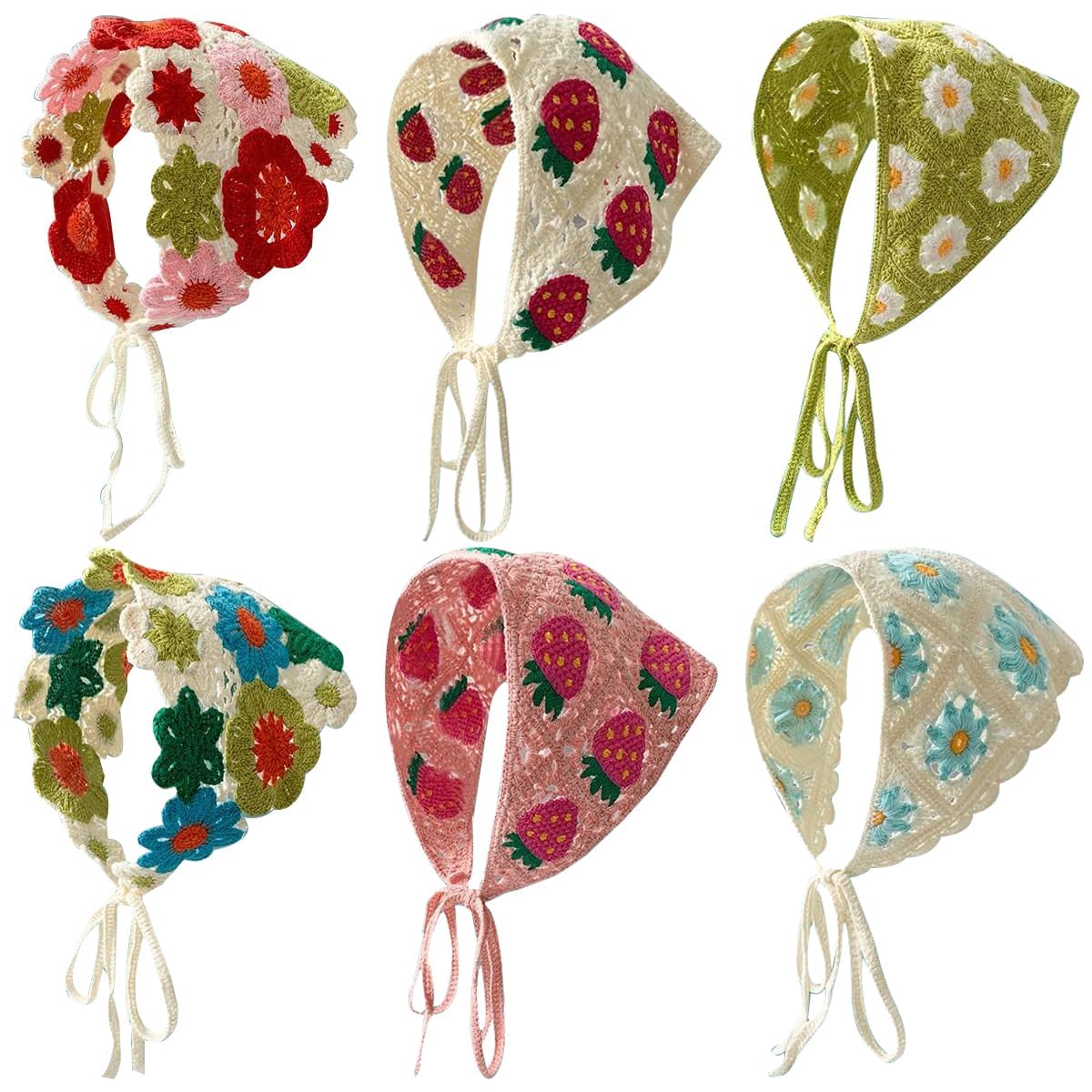 Generic Floral Crochet Hair Bandanas, 6Pack Women Hair Scarf Vintage Headbands Triangle Hair Tie Crochet Bandanas Floral Head Wrap Hollow Handmade