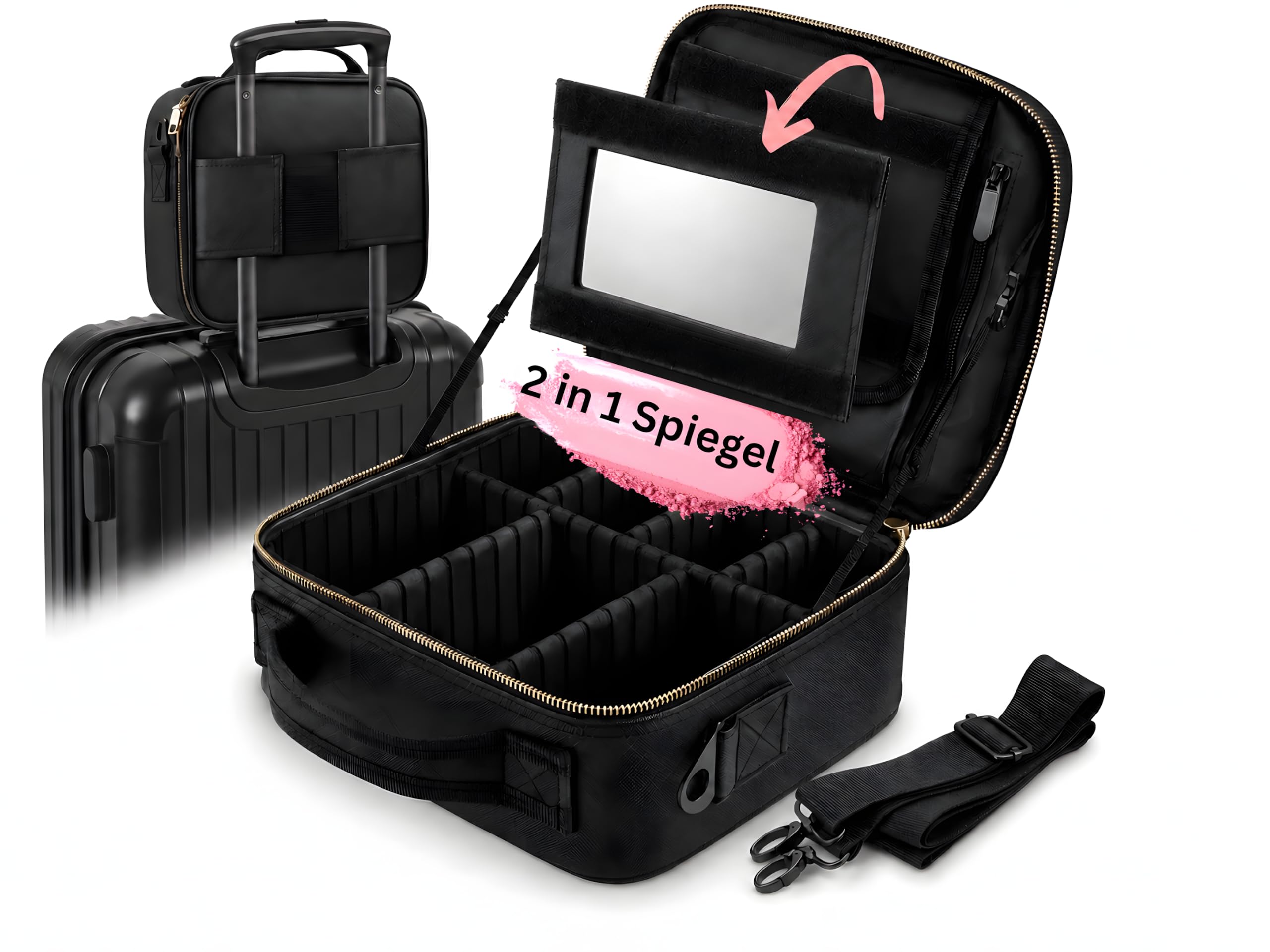 Premium Kosmetiktasche mit Spiegel (normal & Vergrößerung) – Make Up Tasche mit Spiegel – Schminktasche – Kosmetikkoffer - Schminkkoffer Damen