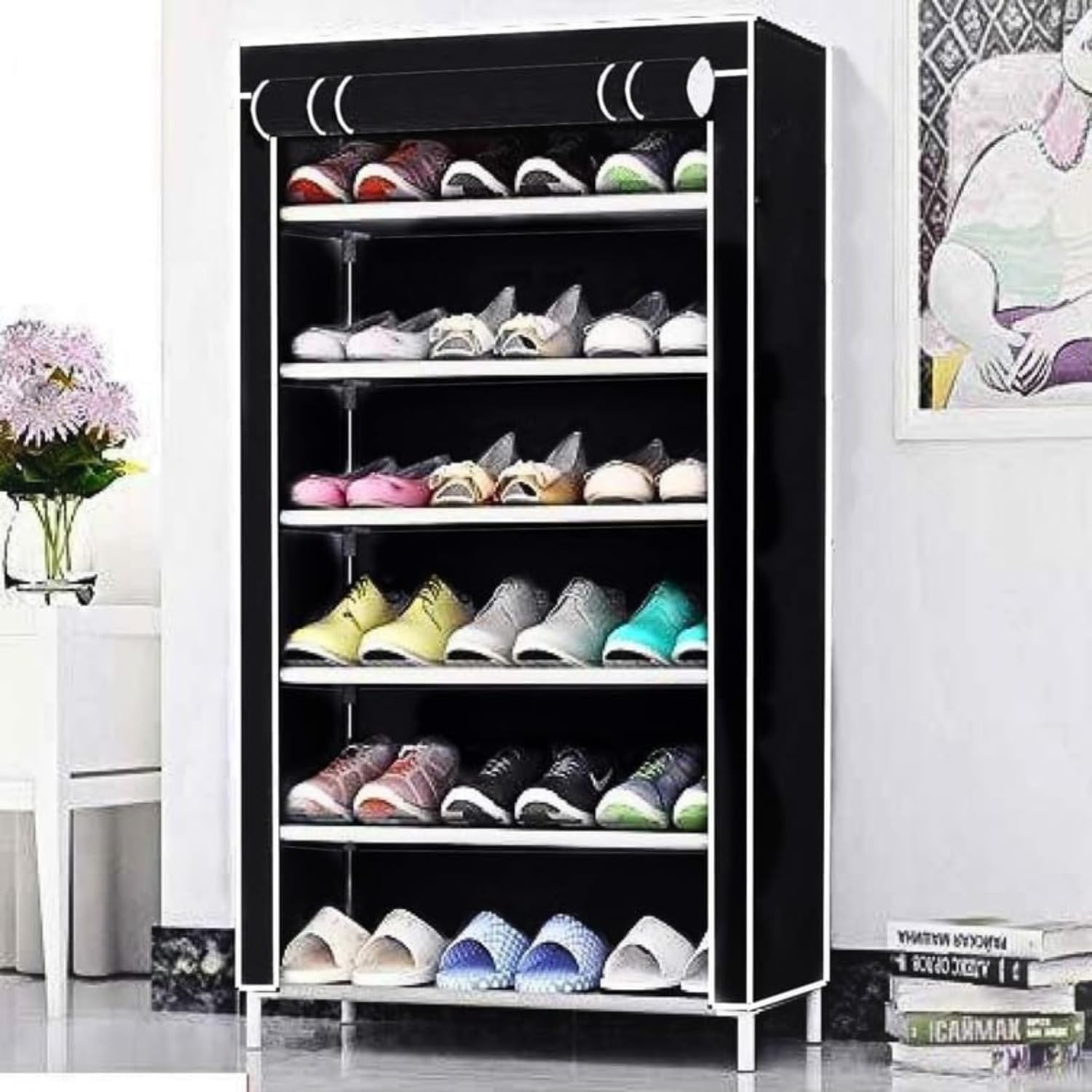 6-Tier Shoe Rack with Fabric Cover, Portable Storage Organiser, Multi-Pair Capacity (Black)-image-7