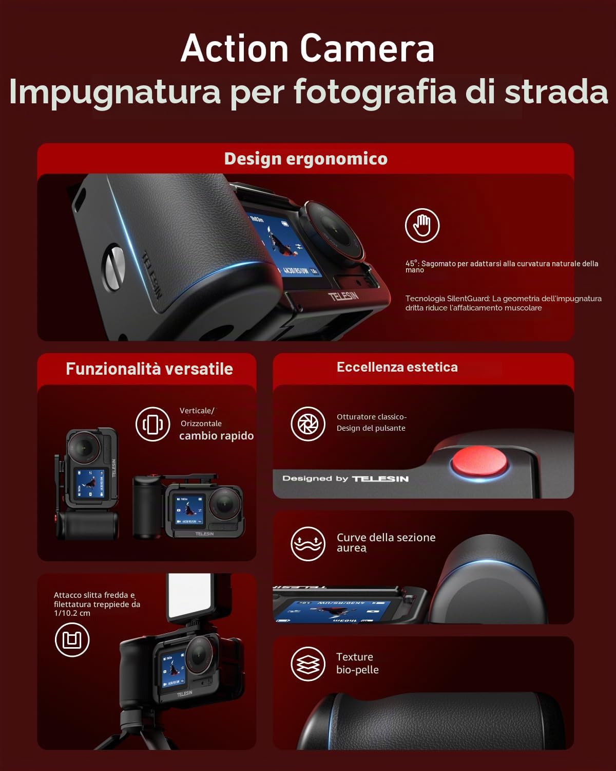 TELESIN Street Grip Kit in Lega di Alluminio per DJI Osmo Action 5 Pro/Action 4/Action 3 | Impugnatura Ergonomica con Gabbia Ultra-Leggera | Pulsante Otturatore a Bilanciere Brevettato