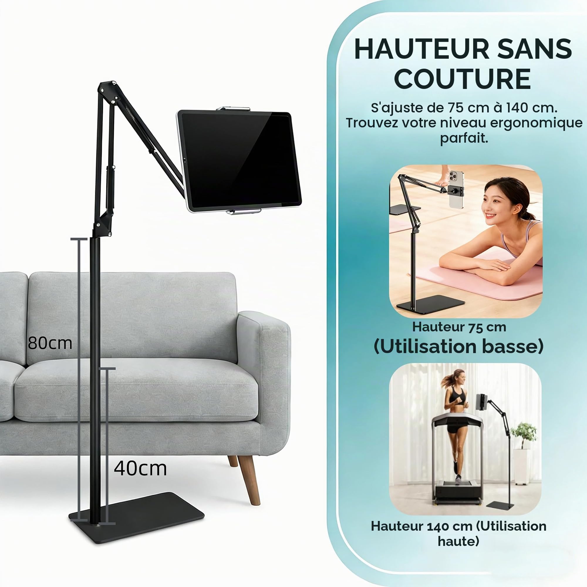Support Tablette de Sol, Support Tablette de Pied sur Sol avec Bras Articulé Réglable Support de Tablette Réglable en Hauteur 75-140cm, Pivotant à 360° pour iPad,Tablette de 4 à 12,9 Pouce