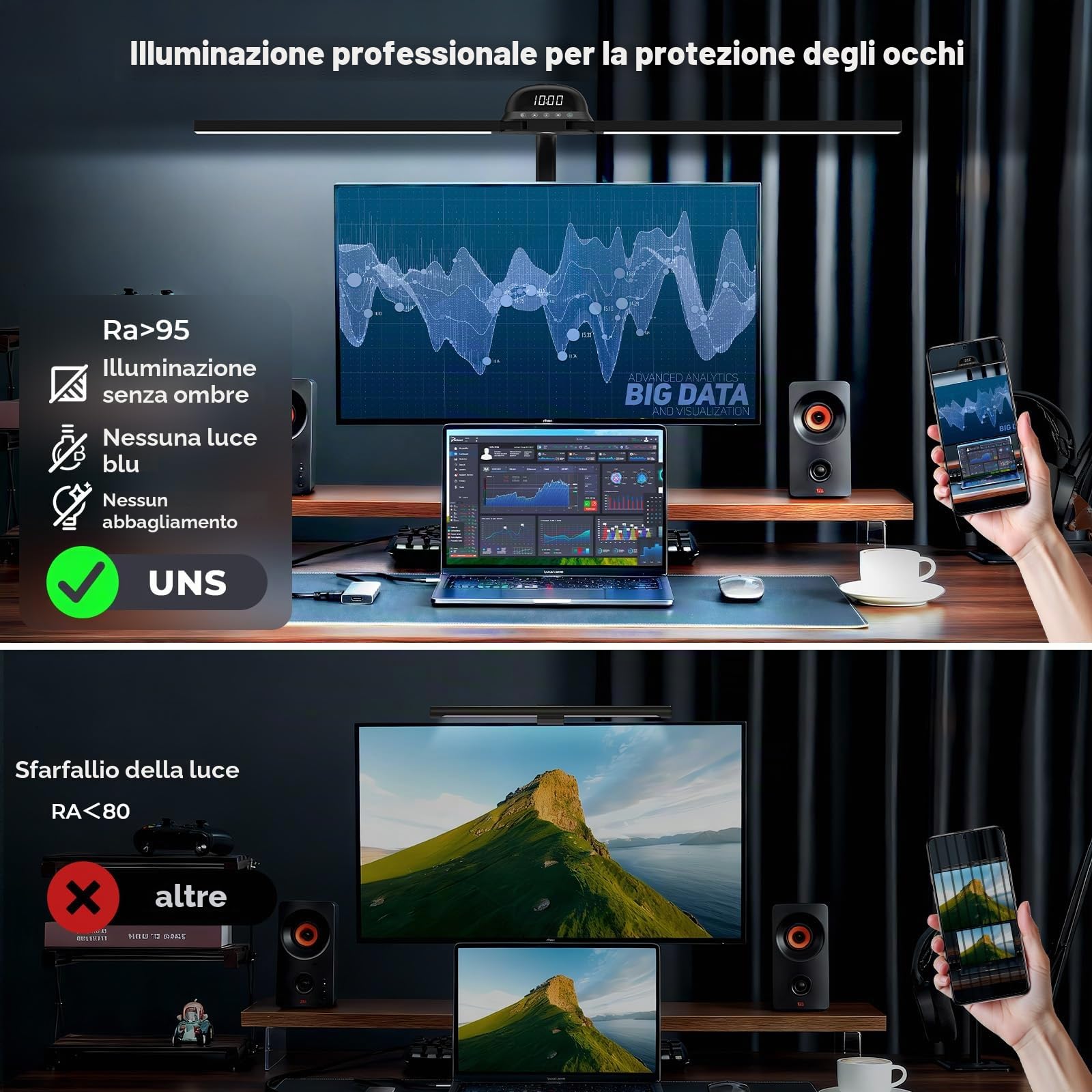 Lampada da tavolo LED da scrivania con morsetto, 90 cm, CRI≥95, 3100 K-7600 K, regolabile, luce diurna, doppia testa, lampada da scrivania, lampada da lettura, monitor con telecomando