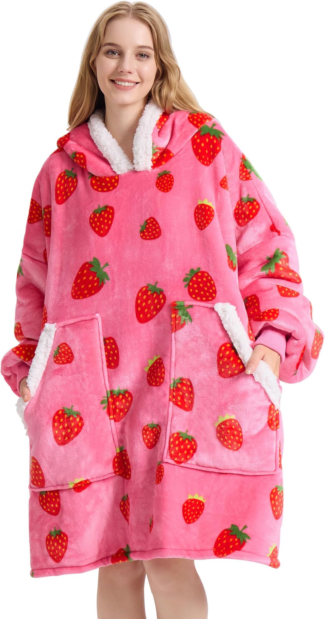 Kipswiza Wearable Blanket Hoodie for Adults with Pockets Strawberry Hoodie