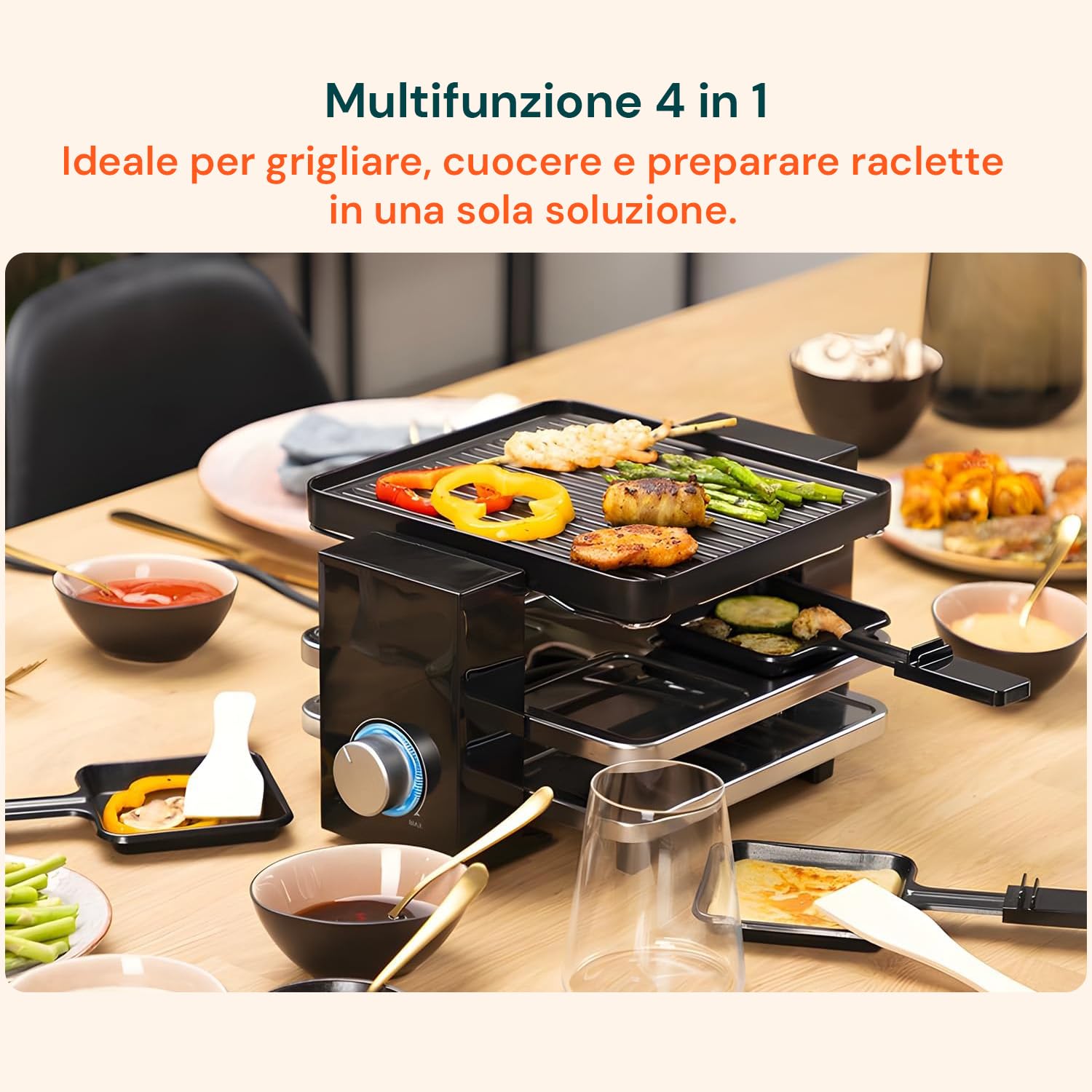 Avilia - Griglia Elettrica Multifunzione 4in1 da 700W con Termostato Regolabile per Carne, Verdure e Formaggi, Raclette da Tavolo con Piastre Antiaderenti e Ponte Parcheggio Compatto