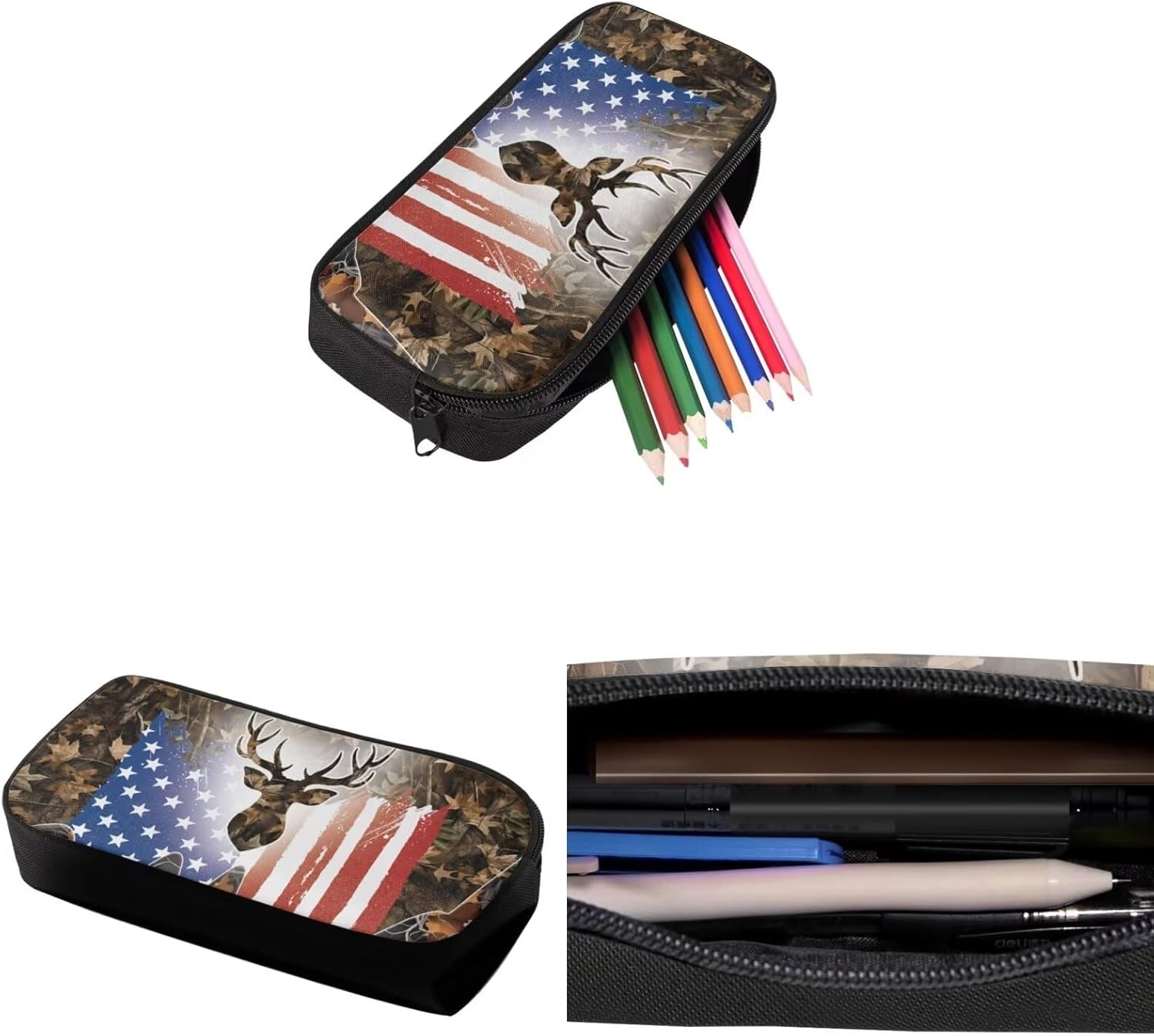 School Backpack 4 Pcs Set Include Insulated Lunch Bag and Pencil Box and Water Bottle Bag, School Bookbag Outdoor Travel Bags Casual Daypack for Teens Kids, American Flag Deer Branch