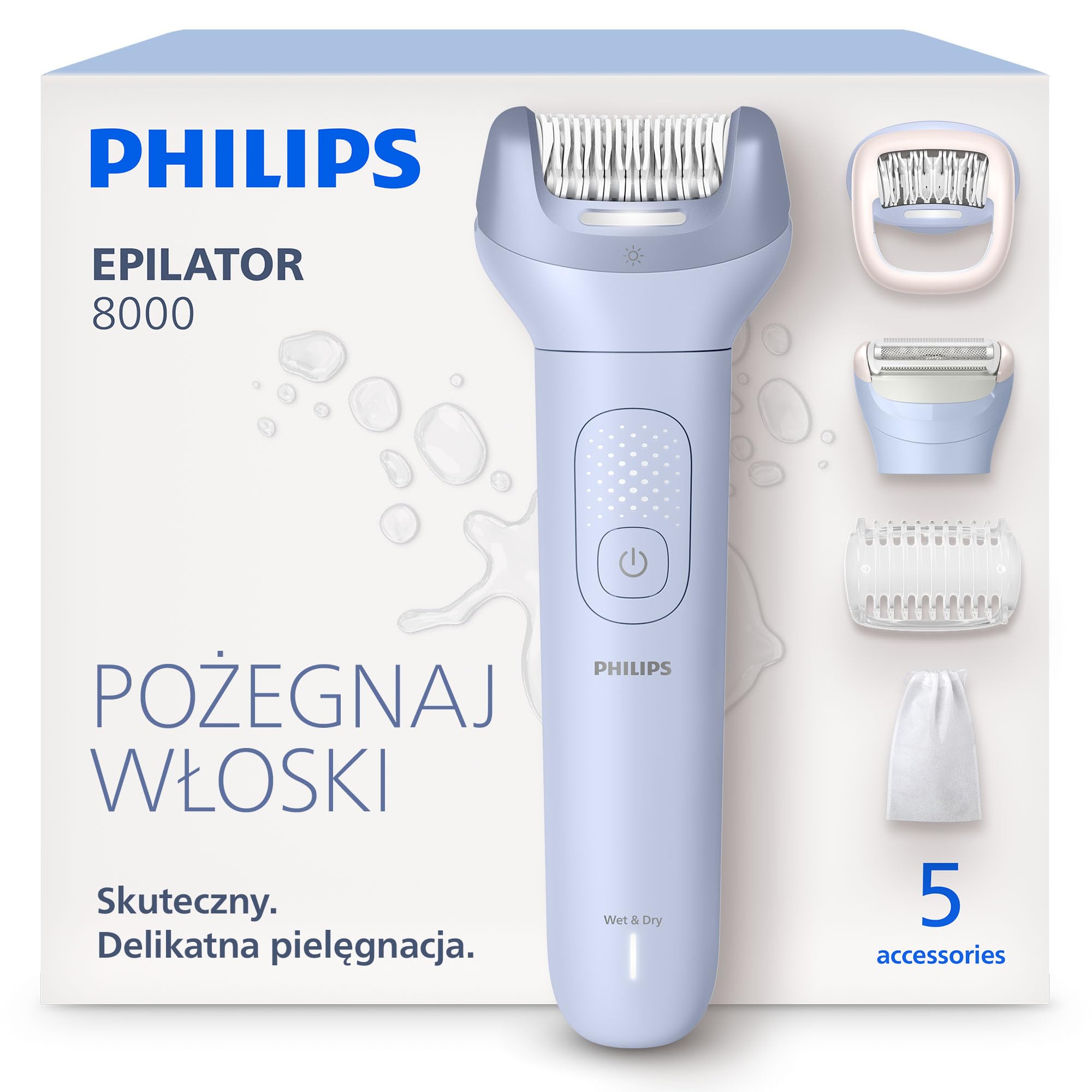 Philips Depilator z serii 8000 – bezprzewodowy depilator do użytku na mokro i na sucho, technologia ProGuide, 5 akcesoriów w zestawie, czas pracy do 60 minut, model BRE709/00
