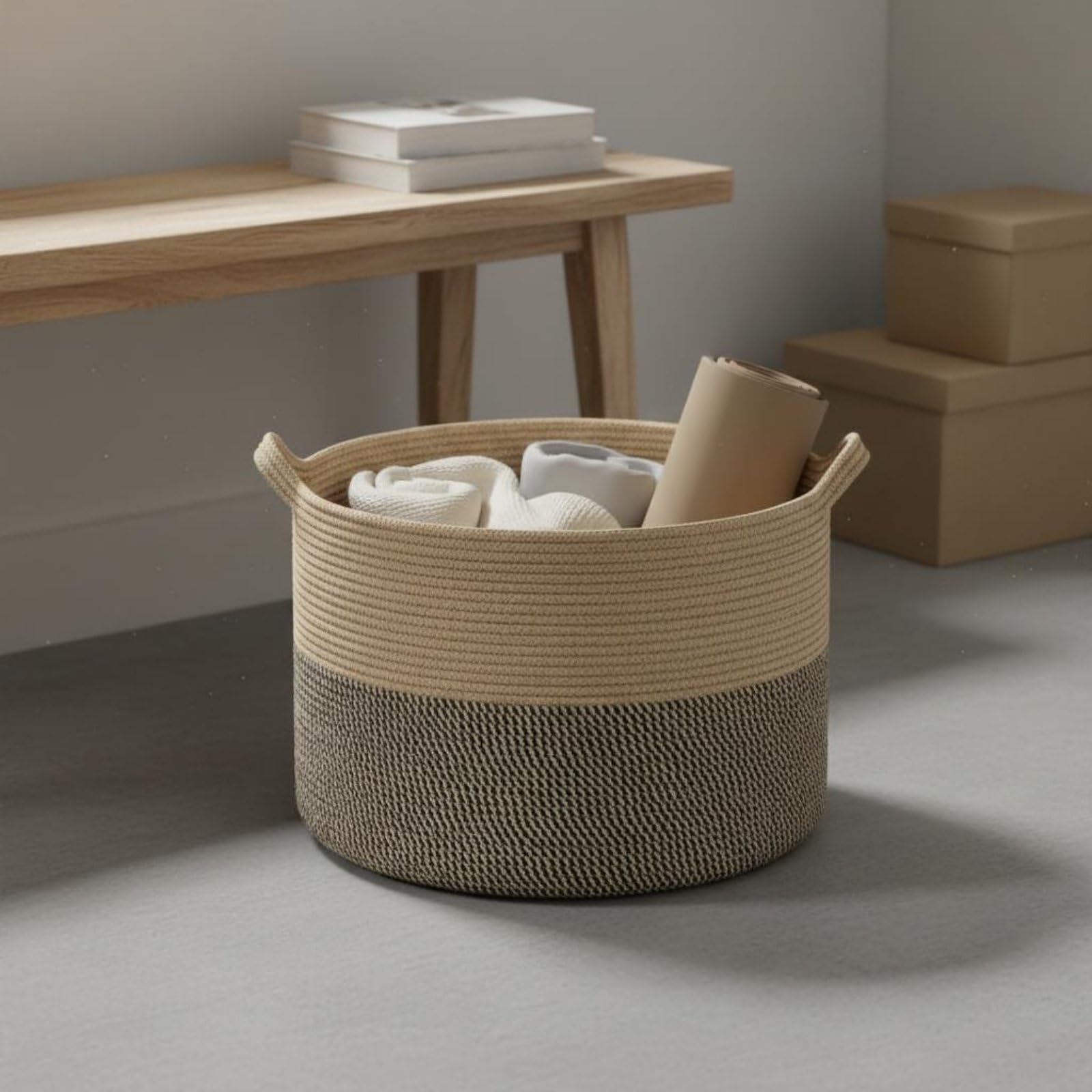 Geflochtener Aufbewahrungskorb Wäschekorb Korb Organizer Seilkorb aus Baumwollseil Weich Und Stabil für Kleidung Decken Spielzeug für Wohnung Kinderzimmer Und Abstellraum, Weiß+Rosa