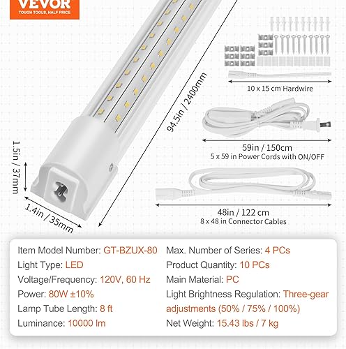 Miniatura 7 de VEVOR Paquete de 10 luces LED para tienda, 8 pies, 80 W, luces de techo de 11000 lúmenes, cables de alimentación de 59 pulgadas con interruptor de