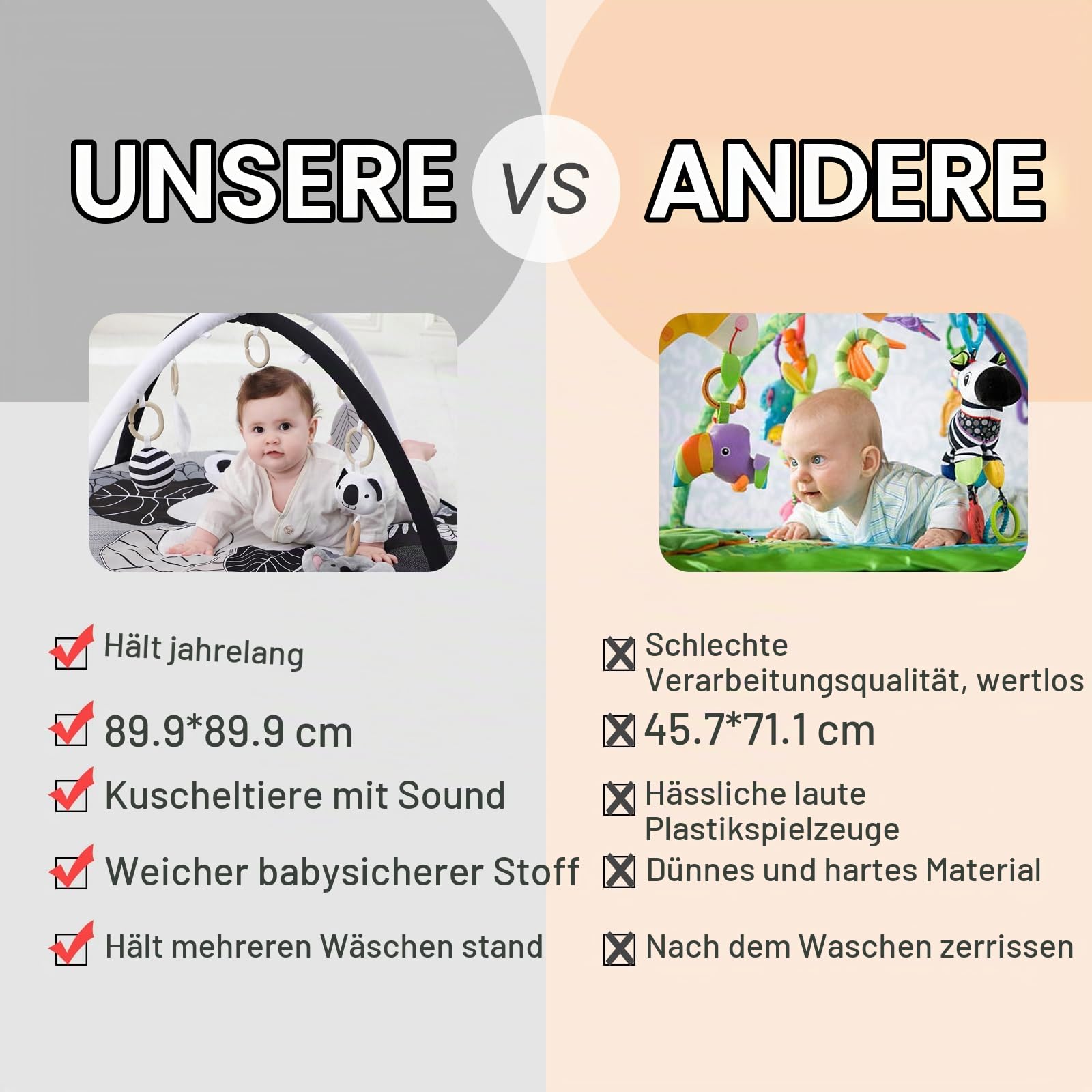 4 IN 1 Spielbogen Baby, Schwarz und weiß Spielmatte Babies mit 5 abnehmbaren Spielzeugen zum Greifen, für 0-3-6-12-36 Monaten